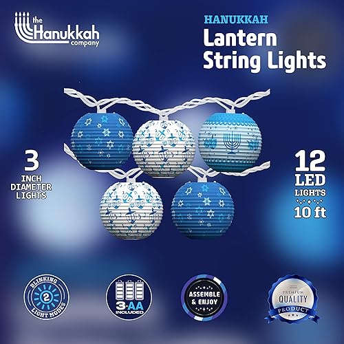 Miniatura 2 de Happy Hanukkah - Faroles colgantes LED, faroles de papel de Janucá con luces LED, 10 pies (12 azules y blanco)