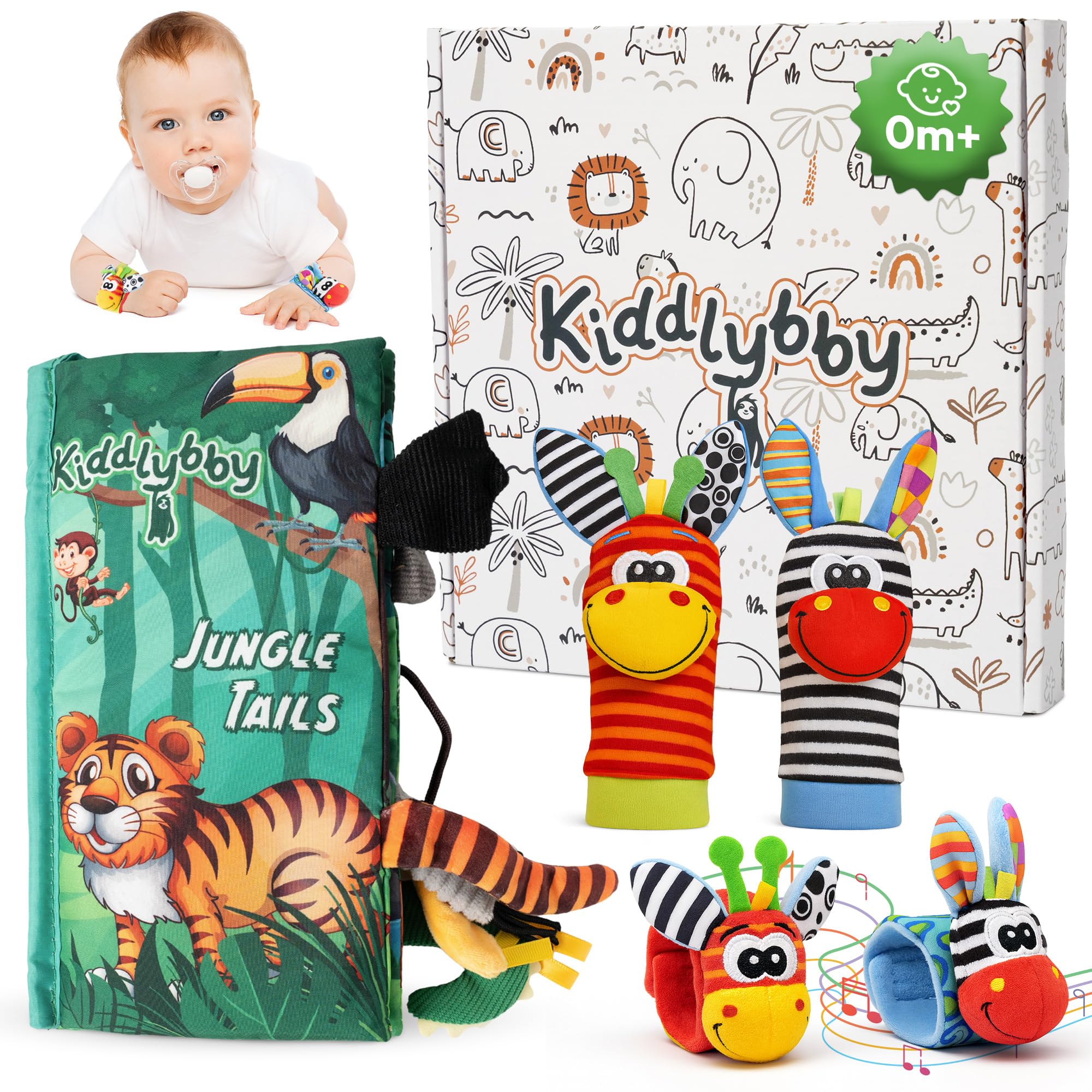 Set Sensorial Premium para Bebés 0-12 Meses: Libro de Tela Interactivo Jungle Tails + Calcetines y Muñequeras con Sonajeros | Estimulación Temprana Multisensorial | Regalo Educativo