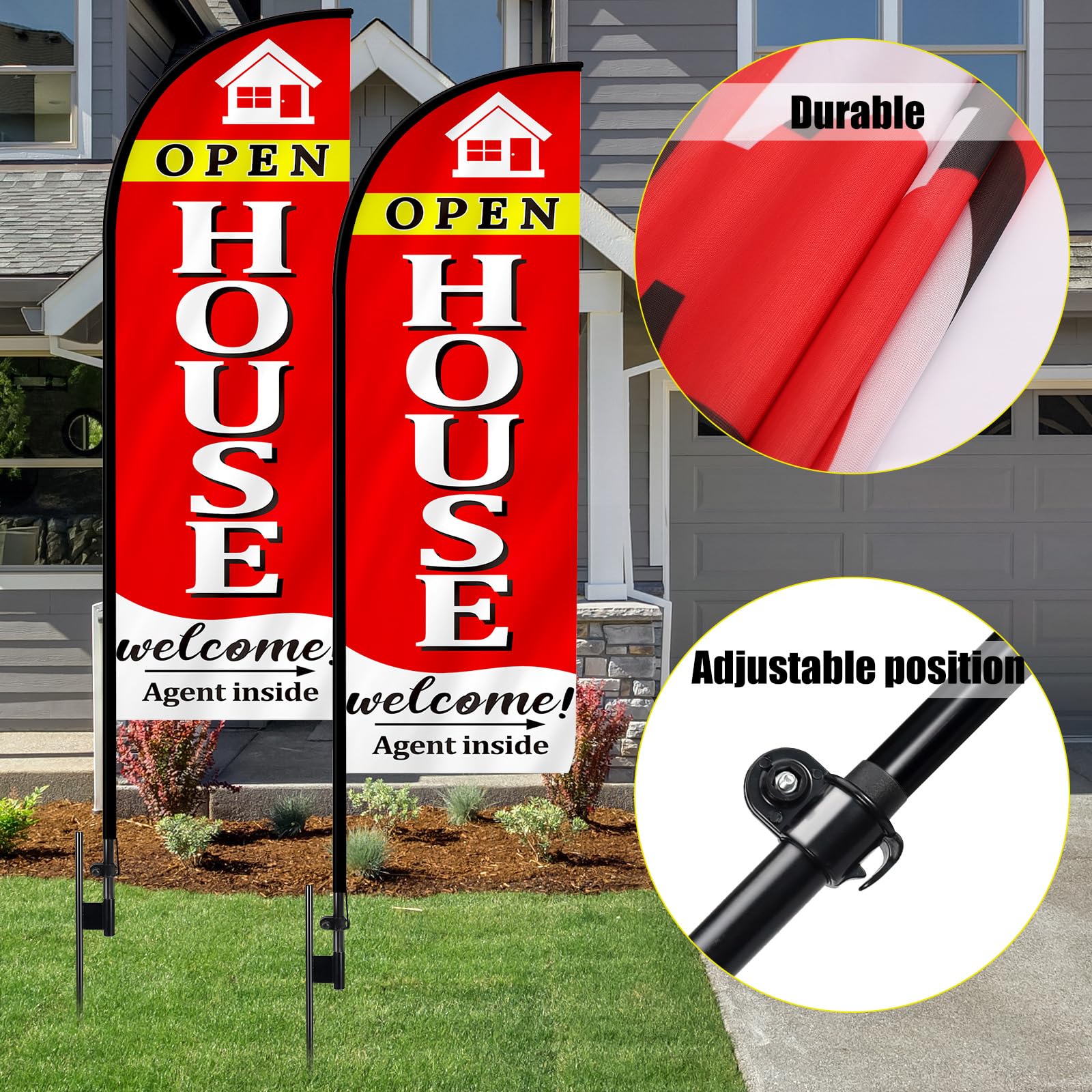 2 PCS Open House Signs for Real Estate Agents,6 FT Open House Flag Pole Kit with Ground Stake,Feather Flag Banner Open House Banners Sign for Outside Business Advertising