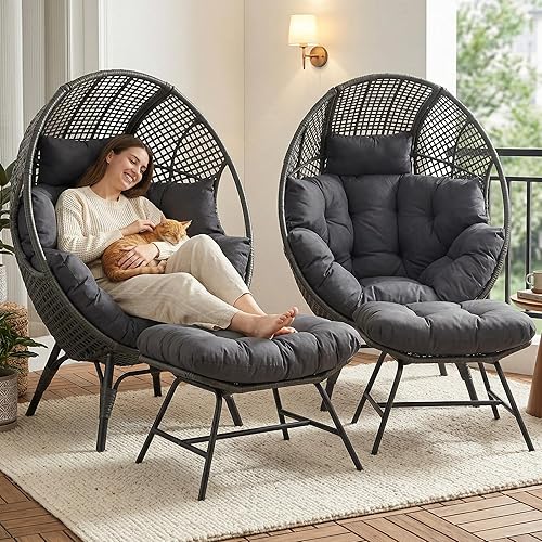 Miniatura 10 de NICESOUL Silla con forma de huevo de mimbre con otomano, silla de salón con cesta de huevo para interior y exterior con cojín, asiento de huevo