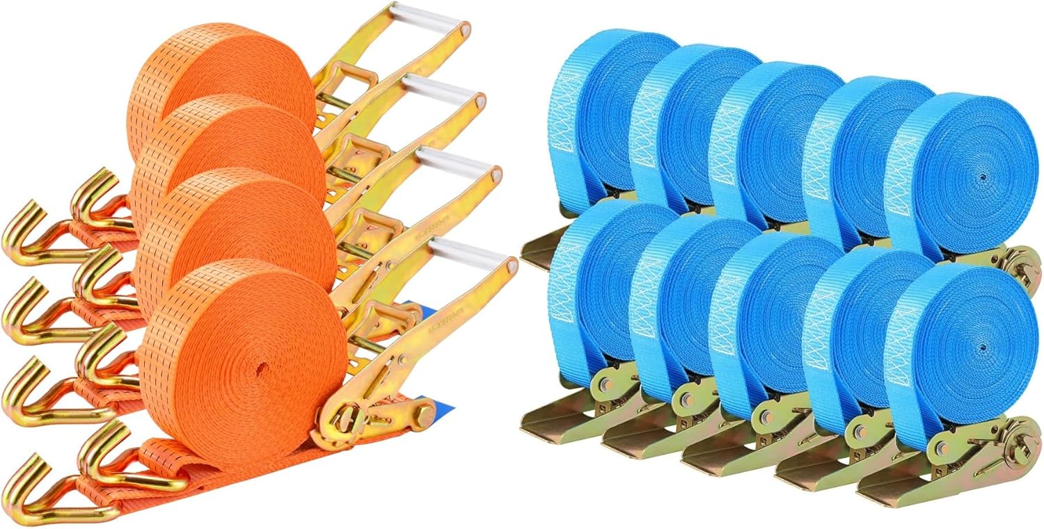 TLGREEN 4Pcs Ratchet Straps Heavy Duty Tie Down Orange +10 Pcs Ratchet Straps Blue