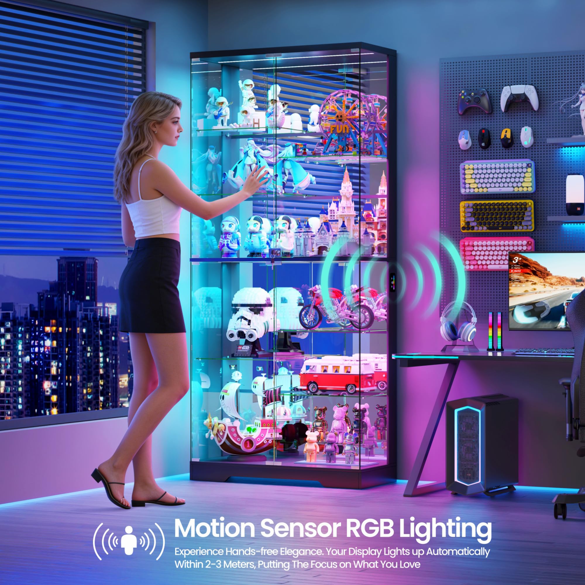 Lvifur Glasvitrine mit LED Beleuchtung und Glastüren für Wohnzimmer Schlafzimmer,35×78×180cm 5-Lagen Vitrinenschrank Vitrine mit Intelligente Sensorik für Sammlerstücke,Wein,Black