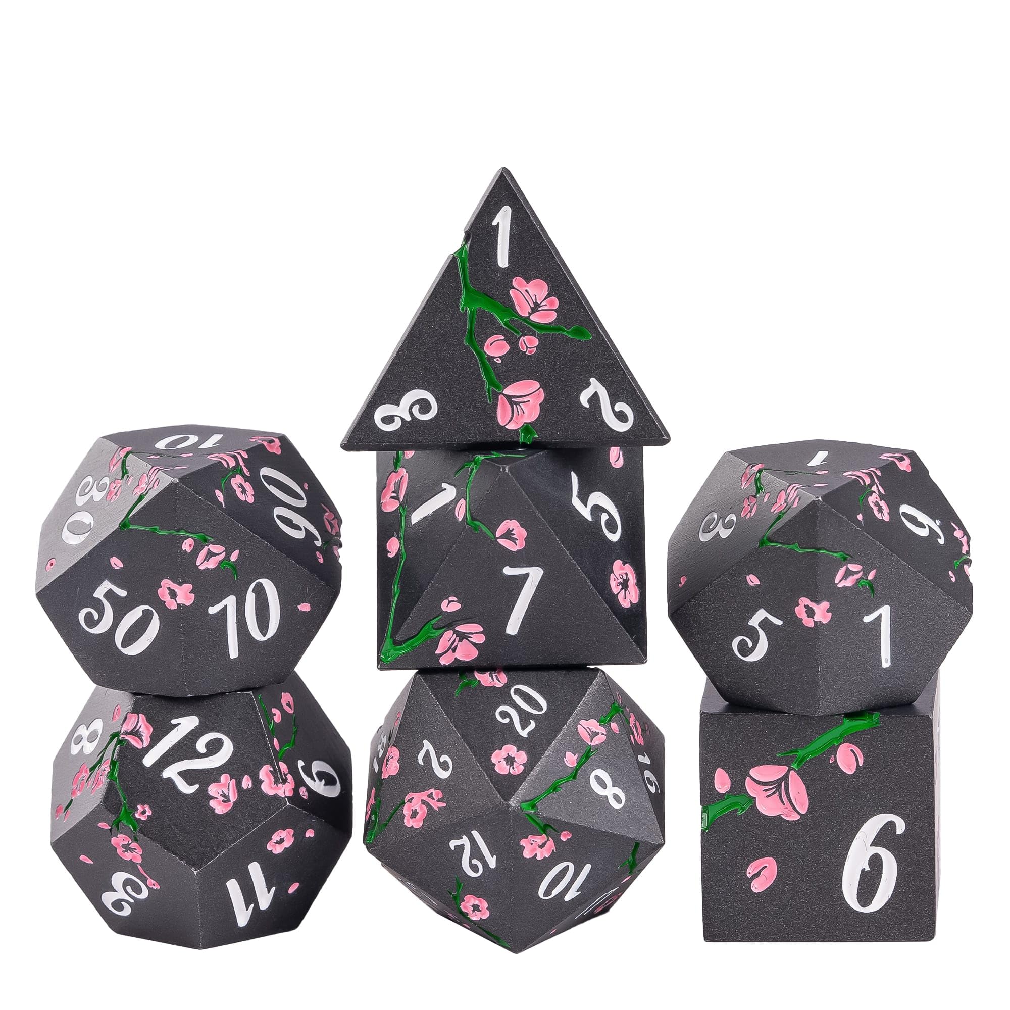 Cusdie 7-Piece Plum Blossom Design Metal DND Dice Set, D&D Metal Dice, Heavy Zinc Alloy Polyhedral Dice Set for Dungeons and Dragons Role Playing Game(Black w/Red Numbers)