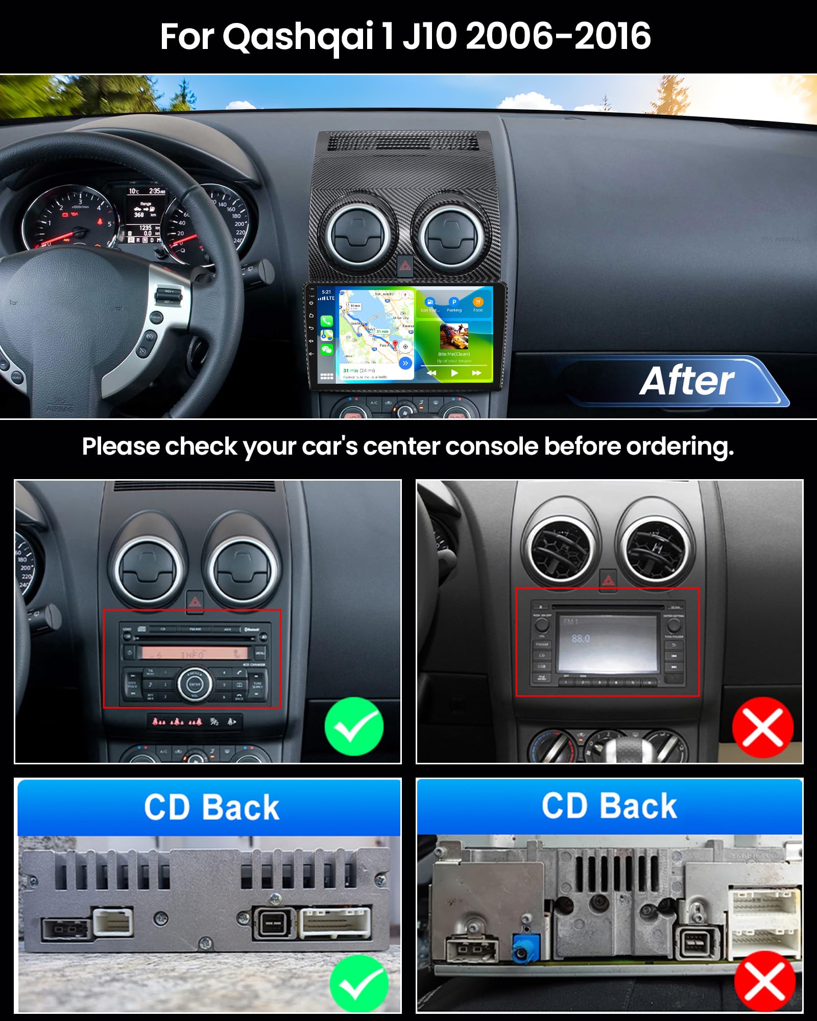 SIXWIN Autoradio Nissan Qashqai J10 2006-2016, Schermo Touch 9" IPS HD, Radio Auto con CarPlay senza Fili e Android Auto,Vi-Link, Bluetooth, FM RDS, DSP,Telecamera(Custodia effetto carbonio)