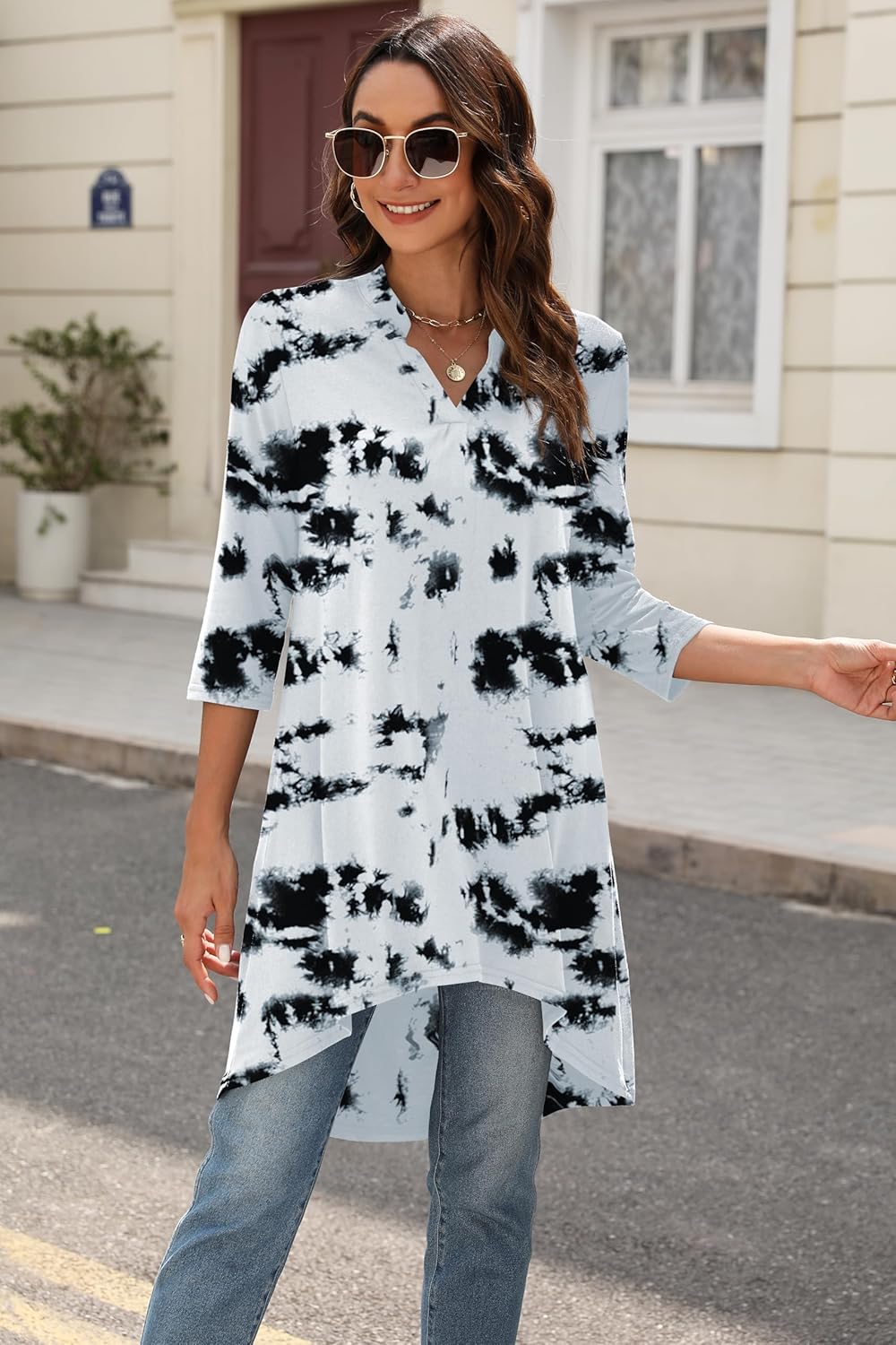 Naggoo Women's 3/4 Sleeve Notch V Neck High Low Loose Fit Long Tunic Tops Shirts Blouses M-3XL - Image 4