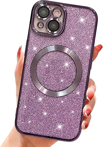 Funda para iPhone 15 de 6.1 pulgadas con purpurina magnética, compatible con MagSafe, funda transparente de lujo, protector completo de lente de