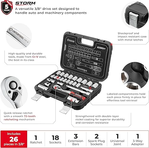Miniatura 3 de INTERTOOL Juego de llaves métricas, unidad de 38 pulgadas, 26 piezas, trinquete de liberación rápida, extensiones, adaptadores, estuche rígido con