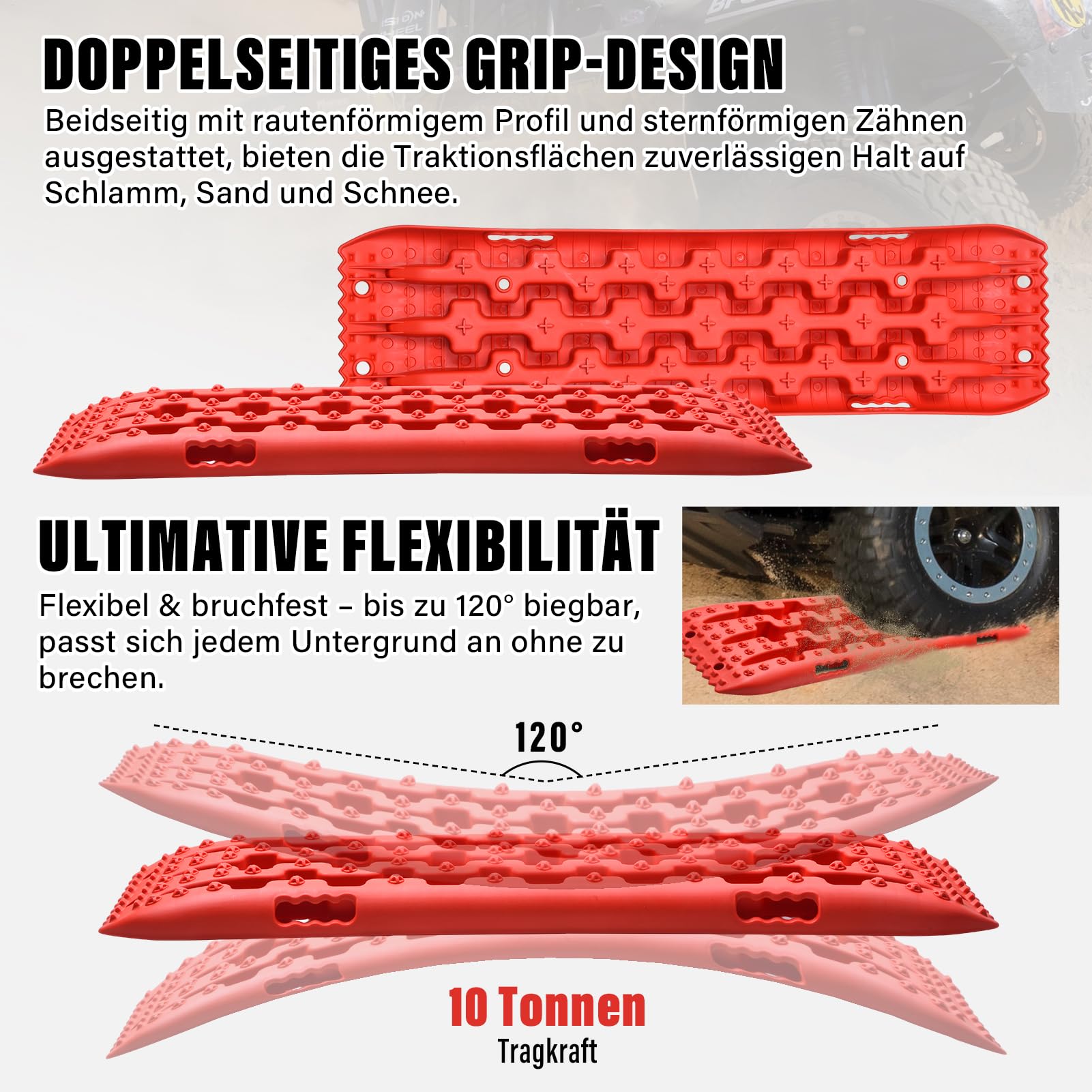 Tablero De Tracción Para Nieve Y Barro, 2 Piezas - Alta Resistencia 10 Toneladas, Diseño Antideslizante Con Clavos En Cruz Y Pentágono, Para Vehículos Todo Terreno | Negro, Rojo, Naranja
