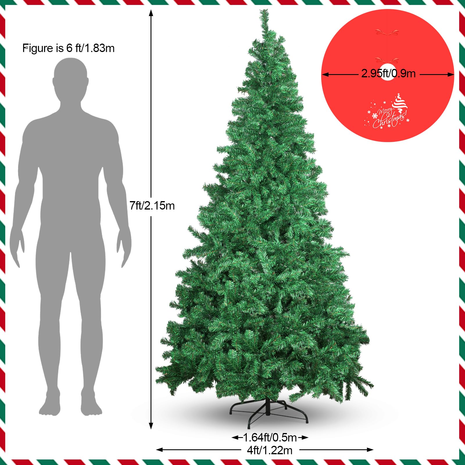 Gzdisbek 7ft Premium Artificial Spruce Holiday Christmas Pine Tree for Home, Office, Party Decoration with 1000 Branch Tips, Easy Assembly, Red Tree-Skirt, Metal Hinges and Foldable Metal Base (Green)