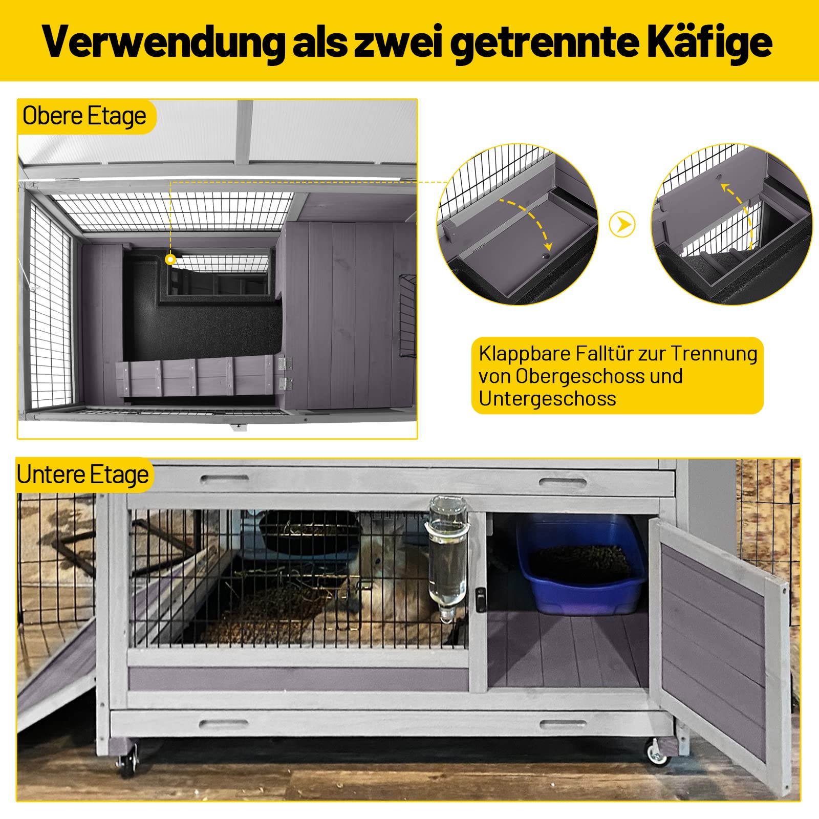 Conejera exterior resistente al invierno, jaula para conejos de dos pisos, casa de madera con cajones extraíbles con profundidad a prueba de fugas para facilitar la limpieza