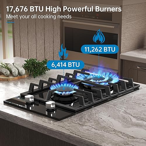 Miniatura 2 de Placa de cocina de gas de 12 pulgadas, 2 quemadores, estufa de propano con protección de termopar, GLPNG de doble combustible integrado de vidrio
