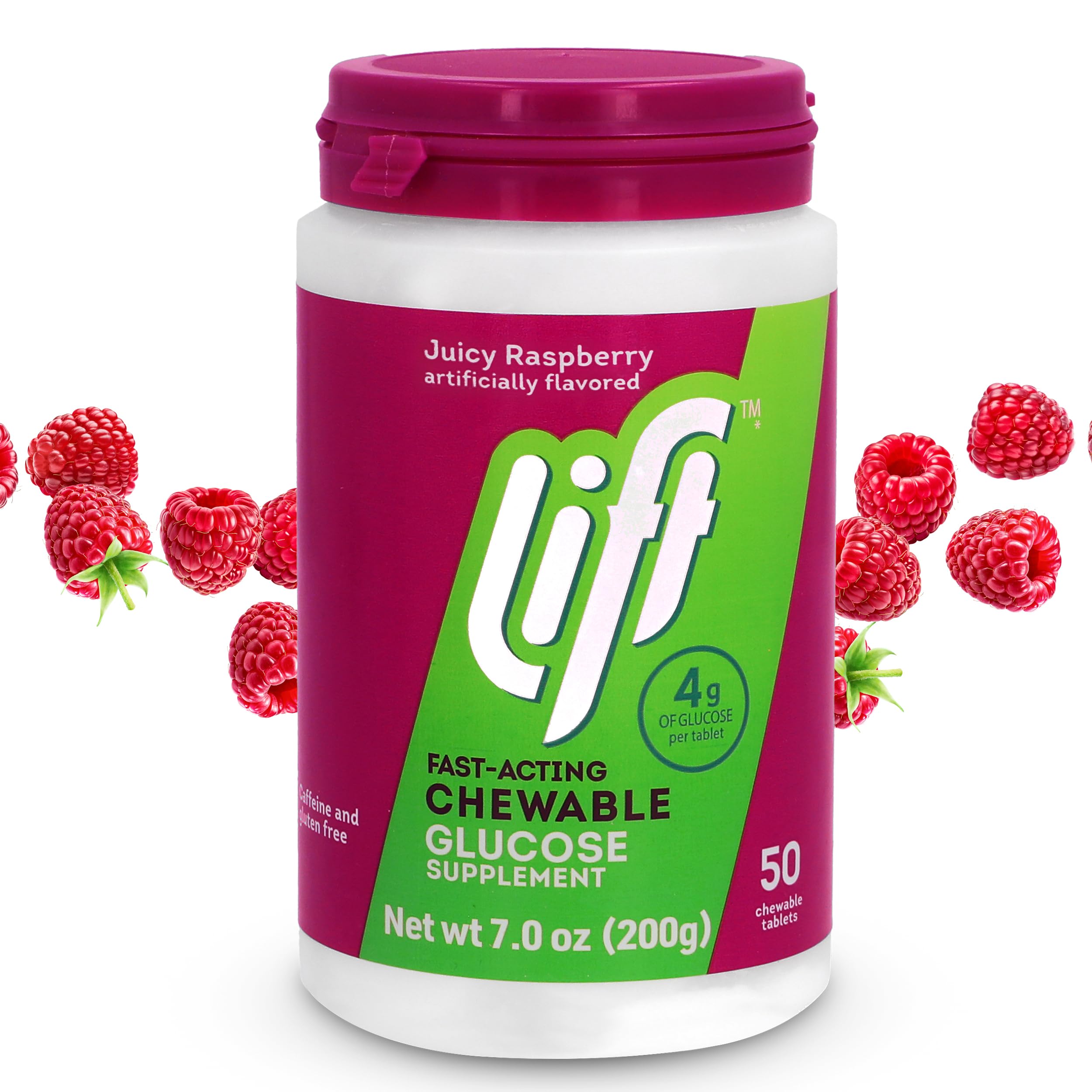 Lift Glucose Fast-Acting Glucose Chewable Energy Tablets, Raspberry, 50 ct Jar (Pack of 1)