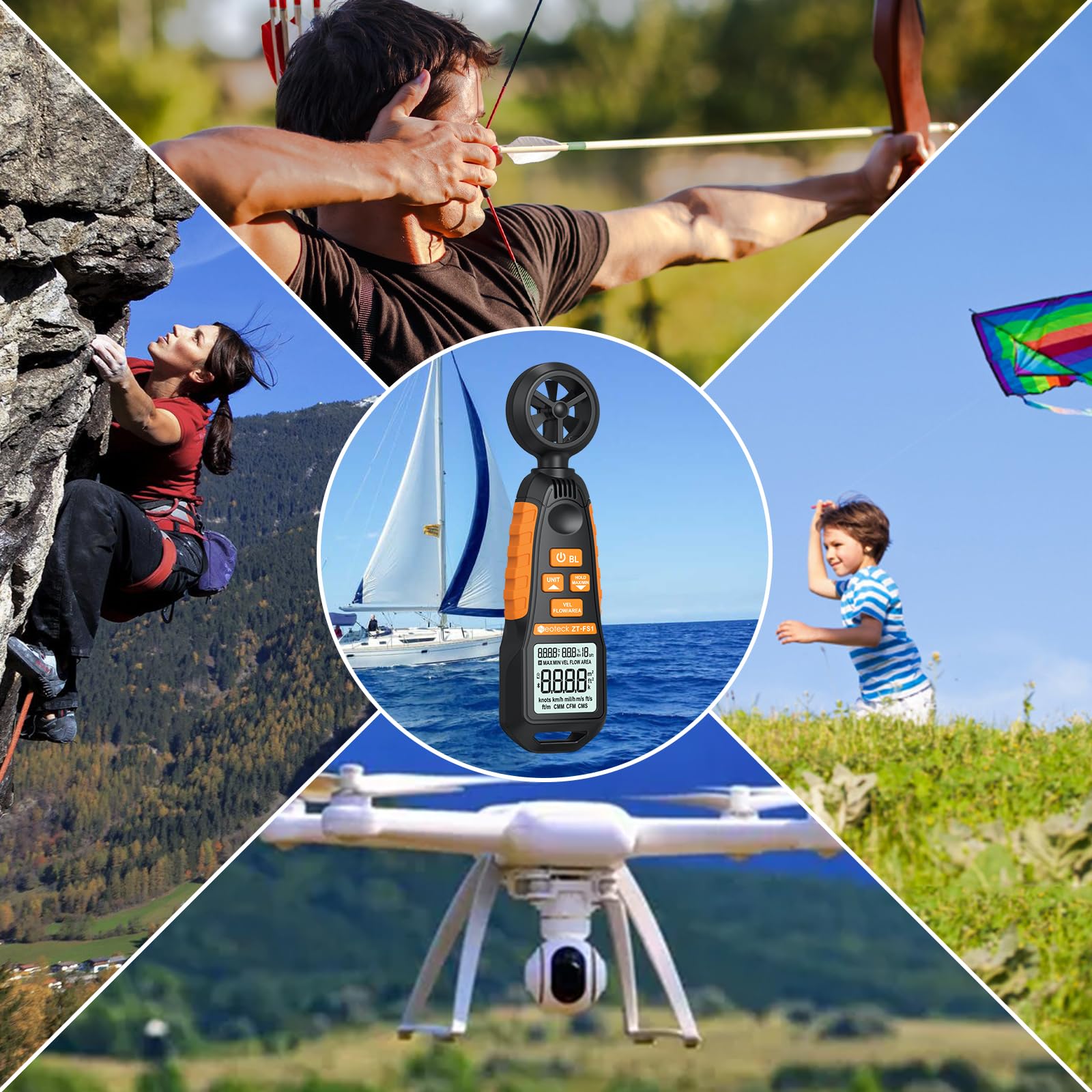 Neoteck Anemometro Digitale con LCD Retroilluminato Misuratore di Velocità del Vento Misura la Temperatura e Umidità del Vento Velocità CFM Anemometro per Barca Windsurf Vela Attività all'aperto