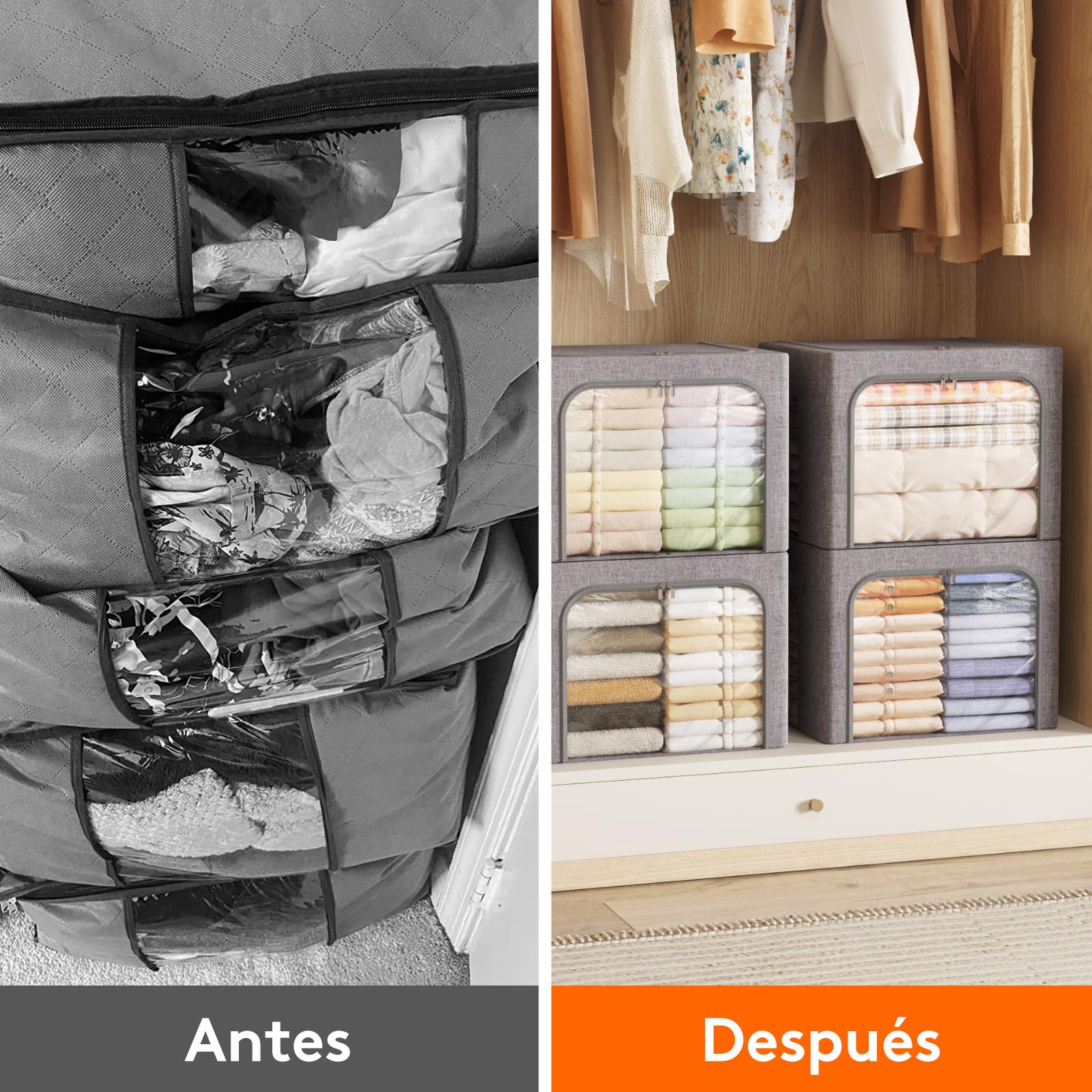 Lifewit Cajas Almacenaje Ropa con Marco de Metal, Organizador Armario Apilable, Bolsas Almacenaje Ropa, Bolsas Para Guardar Ropa, Edredones, Colchas, Gris Claro, 75 L, 4 Piezas