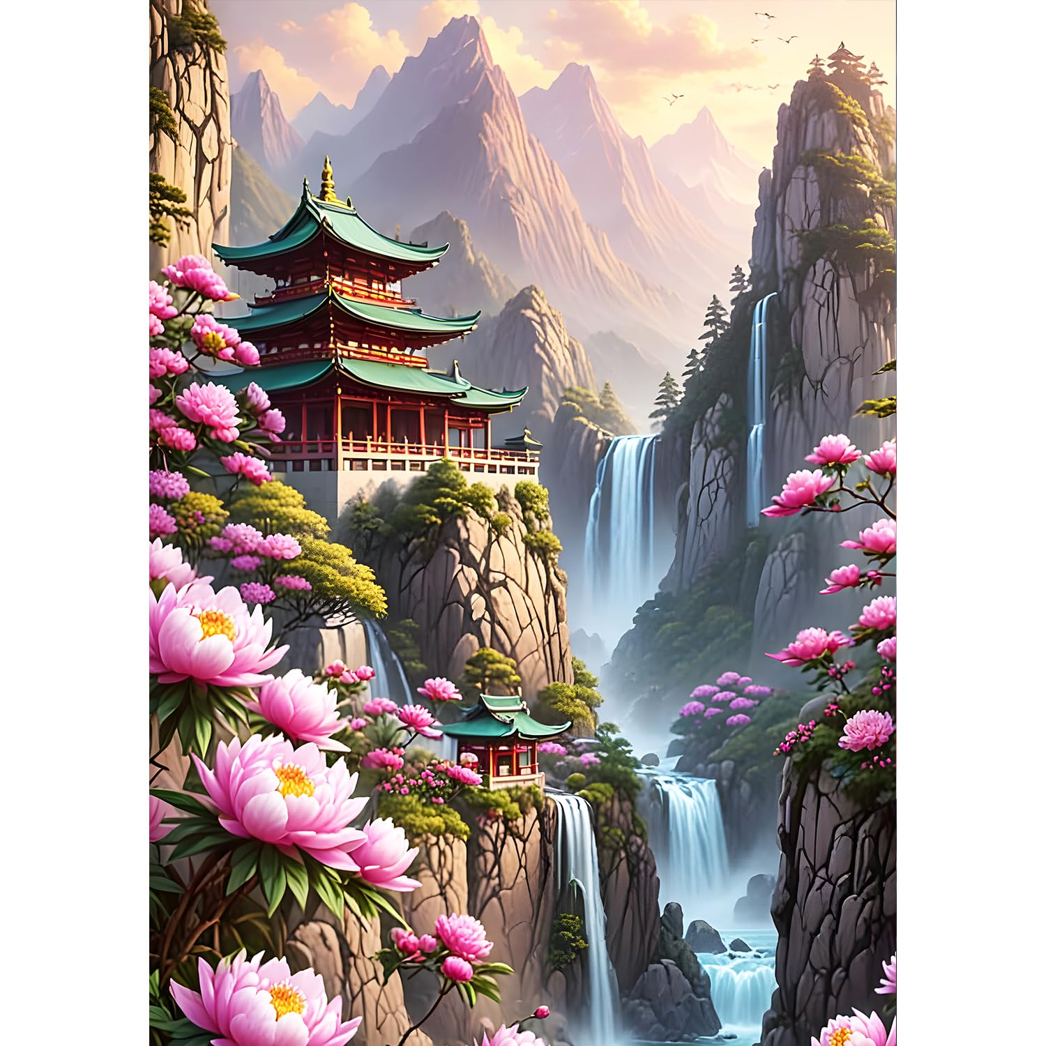 QQYRHN Attic Landscape Diamond Painting Kits for Adults Beginners, 5D Flowers Diamond Art Kits, DIY Round Full Drill Waterfall Gem Art with Painting Kits Relaxing Craft for Home Wall Decor 12x16 Inch