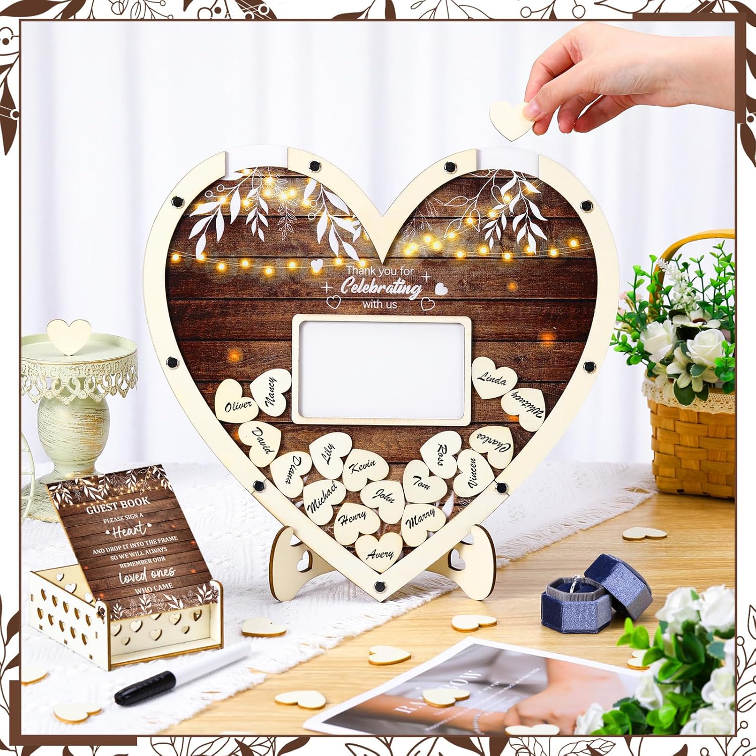 Chunful Wedding Hearts Guest Book Alternative with 100 Wooden Hearts Chips Storage Box and Pen Brown Wooden Theme Heart Picture Frame Rustic Guest Book Reception for Wedding Ceremony(Classic)