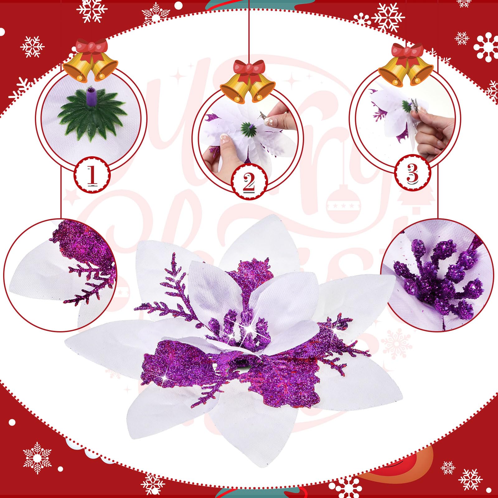 Geosar 24 Christmas Glitter Artificial Poinsettia Flowers Xmas Poinsettia Artificial Wedding Flowers Decorations Xmas Tree Ornaments with Clips for Party Favors 6 Inch - Image 3