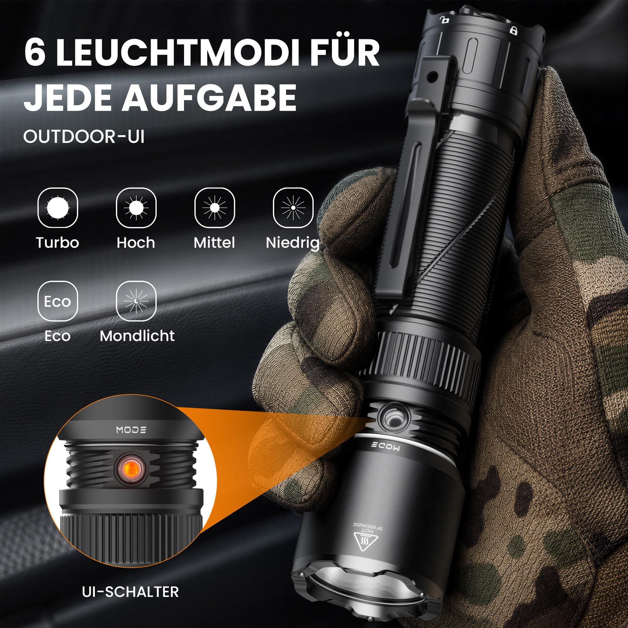 Sofirn SK31 Taktische Taschenlampe LED Aufladbar 6800lm, 395m, IPX8 | 6800 Lumen, 395m Reichweite, 9 Modi, USB-C Aufladbar, IPX8 Wasserdicht, Taktisch, Outdoor, Camping, Selbstverteidigung