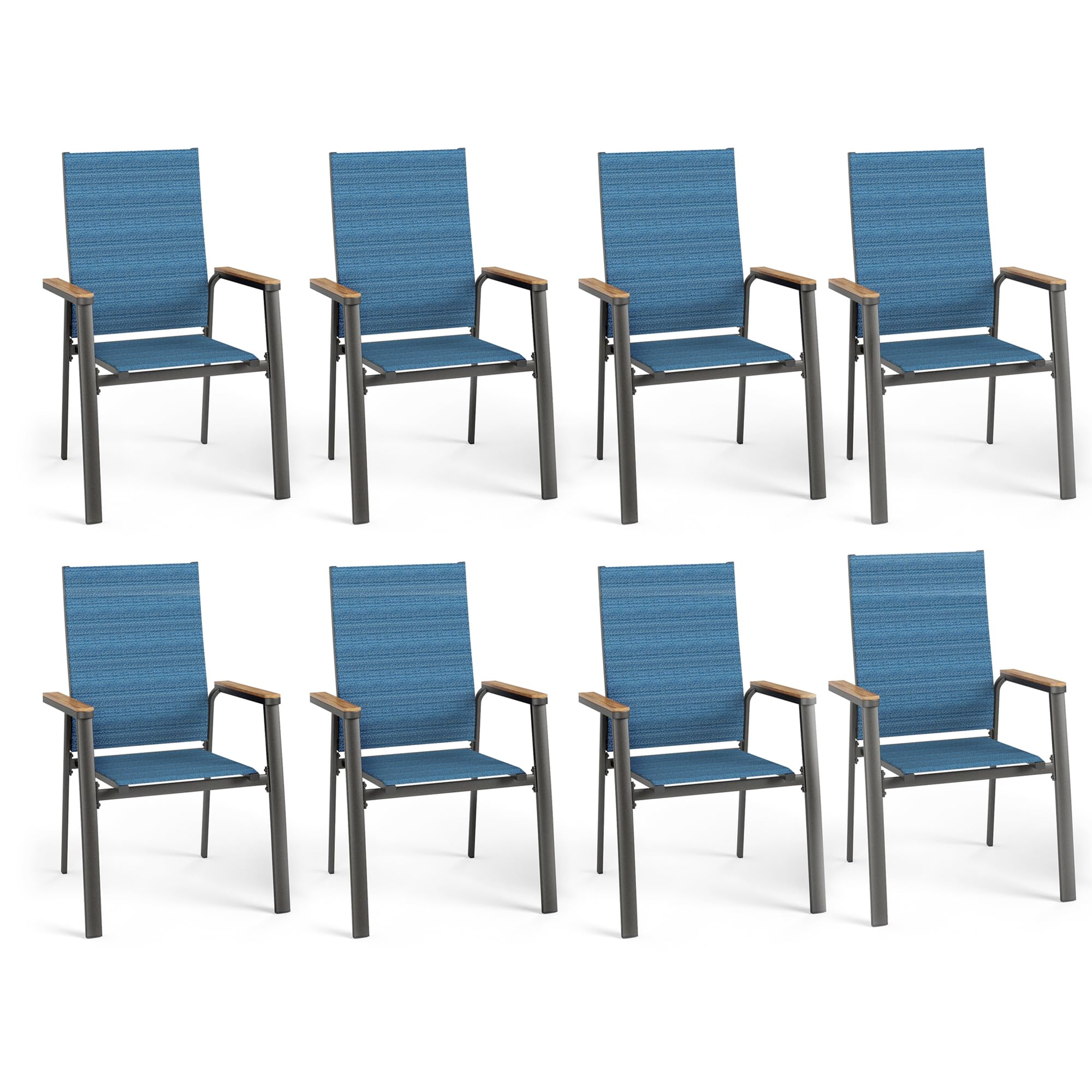 PHI VILLA Outdoor Stackable Dining Chairs Set of 8 w/Aluminum Frame, Blue