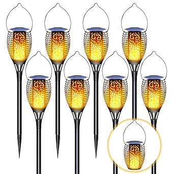 LazyBuddy Solar Torch Lights with Flickering Flame, Large Size Solar Tiki Torches, 3-in-1 Fire Effect Christmas Decorations Outdoor Solar Hanging Lanterns for Garden, Pathway, Lawn (8 Pack)