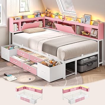 AOGLLATI Twin Corner Bed Frame with Bookcase and Hidden Storage & Metal Platform Twin Size Daybed with 6 Drawers,Charging Station, Led Lights- for Kids, Teens, Pink