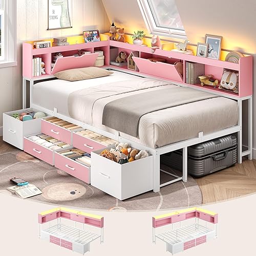AOGLLATI Twin Corner Bed Frame with Bookcase and Hidden Storage & Metal Platform Twin Size Daybed with 6 Drawers,Charging Station, Led Lights- for Kids, Teens, Pink