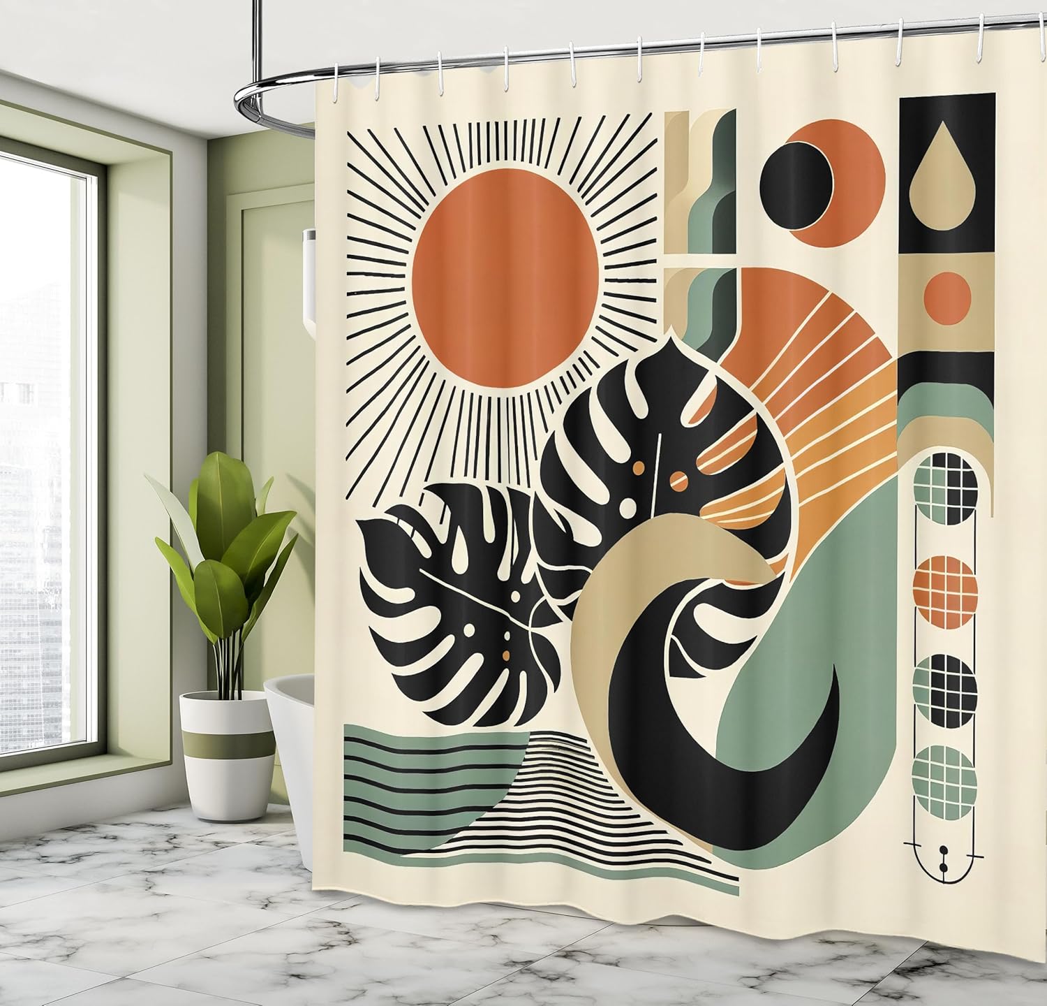 Ambesonne Monstera Shower Curtain, Geometric Shapes Sun Symbols and Nature Abstract Boho Mid Century Style, Cloth Fabric Bathroom Decor Set with Hooks, 69" W x 84" L, Cinnamon Black Beige