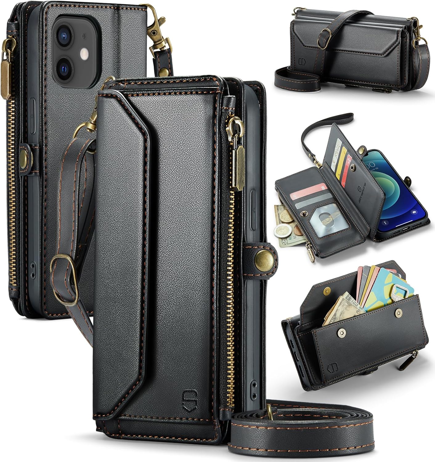 Crossbody for iPhone 12/12 Pro Wallet Case【RFID Blocking】with 7-Card Holder Zipper Bills Slot, Soft PU Leather Magnetic Flip Wristlet Shoulder Strap for iPhone 12 Case Wallet for Women, Black Crossbody for iPhone 12/12 Pro Wallet Case【RFID Blocking】with 7-Card Holder Zipper Bills Slot, Soft PU Leather Magnetic Flip Wristlet Shoulder Strap for iPhone 12 Case Wallet for Women, Black