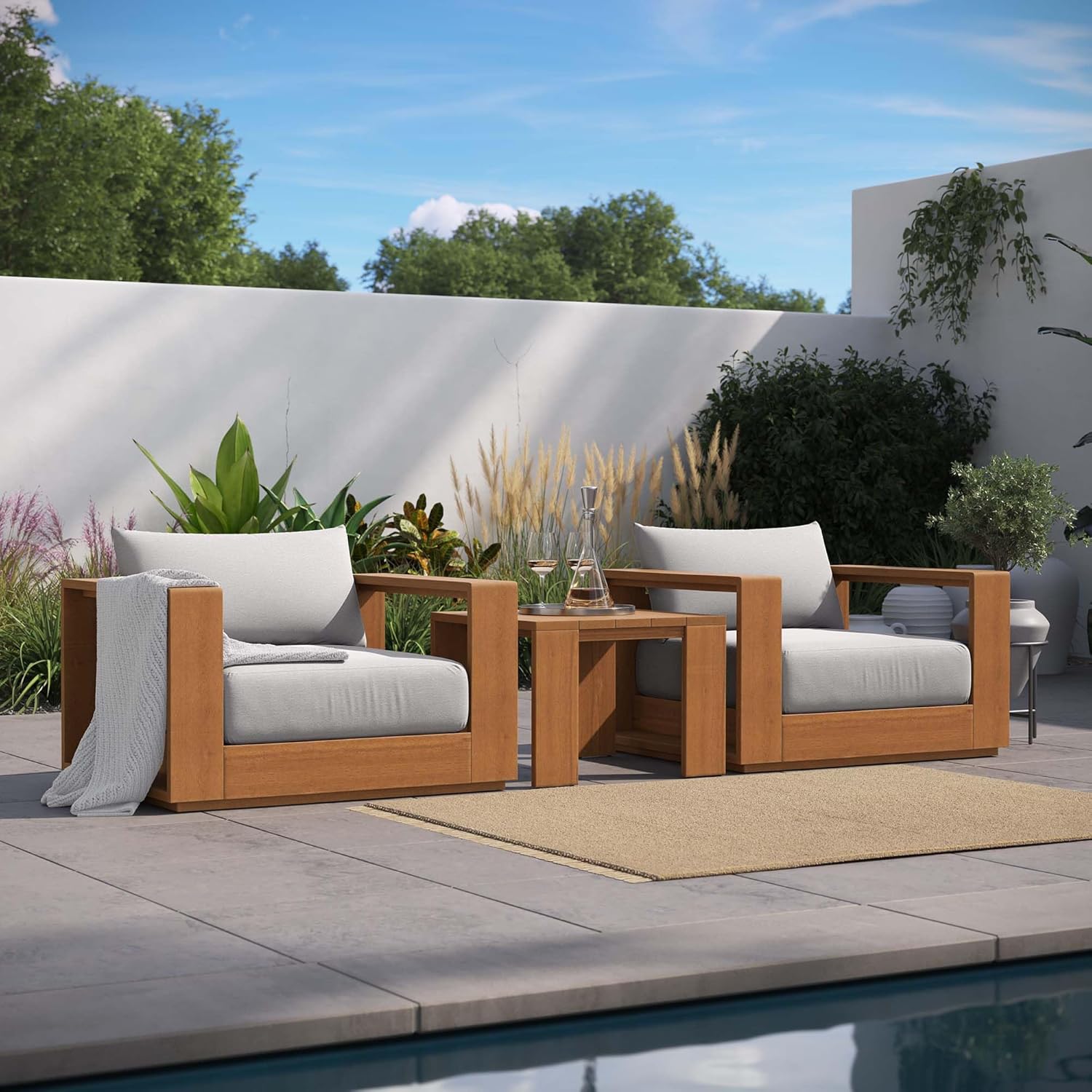 Modway Tahoe Acacia Wood 3-Piece Outdoor Patio Furniture Set in Natural Light Gray - Includes 2 Lounge Chairs with Weather-Resistant Cushions and Side Table