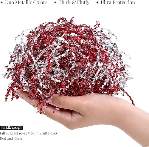 Miniatura 4 de PAPER FAIR Papel de seda de rafia de hierba de Pascua de 1 libra, color rojo metálico y plateado, relleno de papel de seda para manualidades,