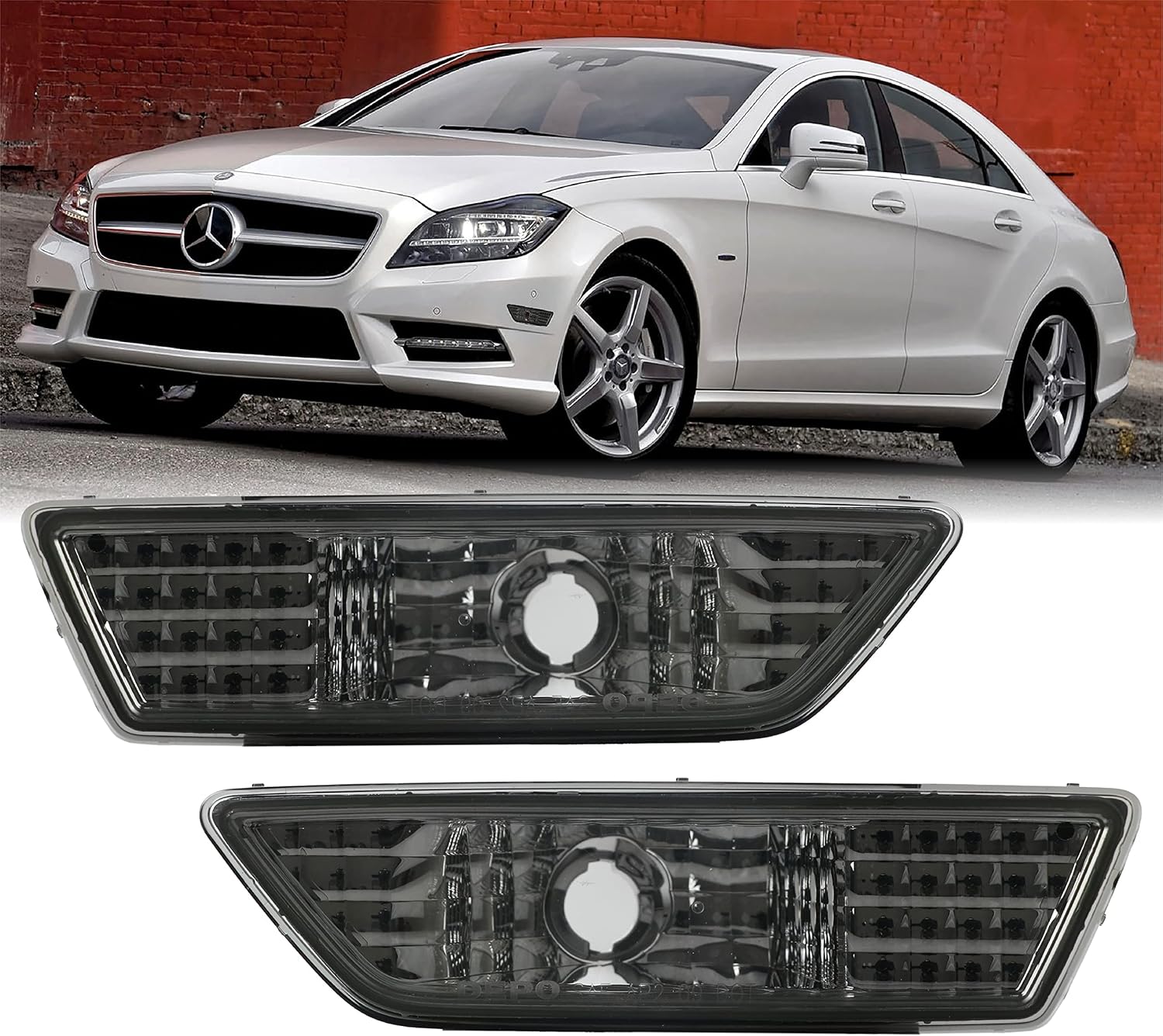 USR DEPO 12-14 W218 CLS-Class Crystal Smoke Bumper Side Marker Lights Assembly Set (Left + Right) Compatible with 2012-2014 Mercedes Benz W218 CLS Class