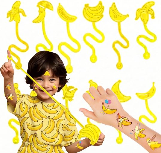 48PCS Banana Party Favors - 24 Temporary Tattoos & 24 Stick Hands | Perfect Birthday Party Supplies, Goodie Bag Stuffers, Treasure Box Toys, Classroom Prizes, and Student Gifts