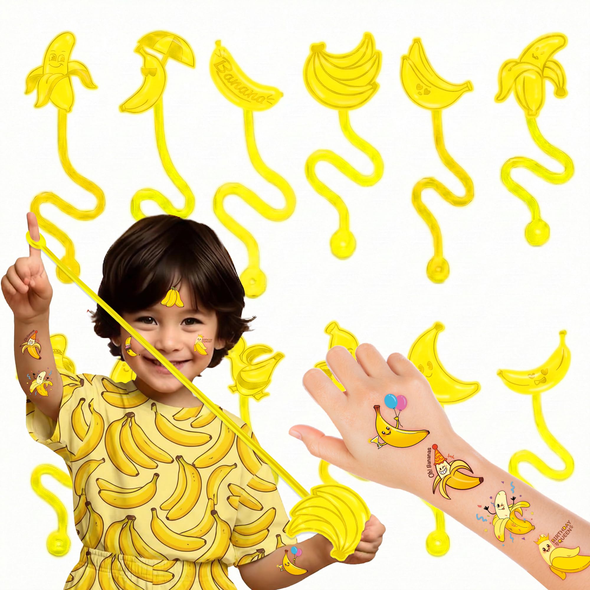 48PCS Banana Party Favors - 24 Temporary Tattoos & 24 Stick Hands