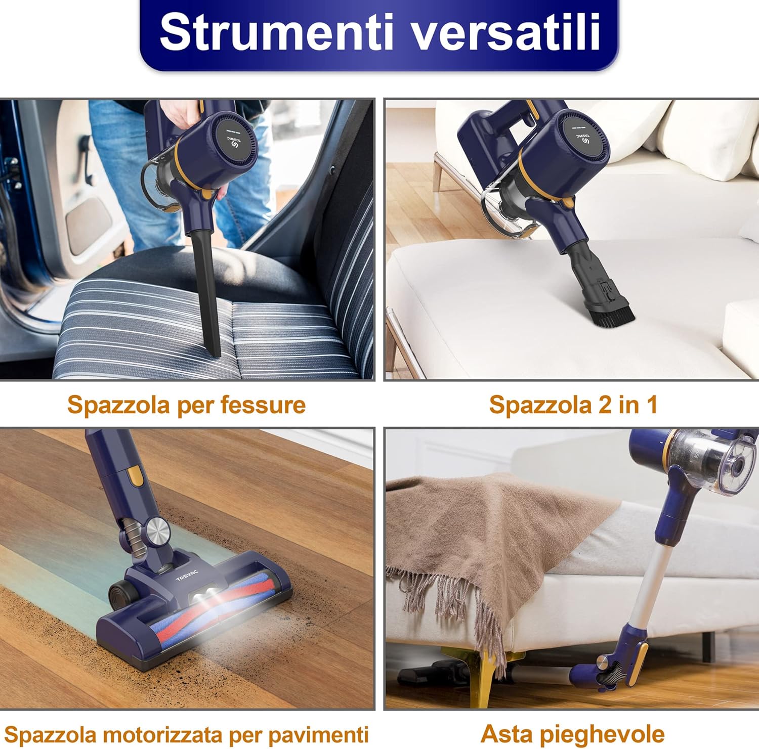 TASVAC Aspirapolvere Senza Fili, Scopa elettrica Pieghevole,Senza Sacco,Leggera 1,36KG, 20kPa, Luce LED, Due filtri a spugne, Autonomia 40 Min, Pavimenti Tappeto Peli di Animali Domestici TASVAC Aspirapolvere Senza Fili, Scopa elettrica Pieghevole,Senza Sacco,Leggera 1,36KG, 20kPa, Luce LED, Due filtri a spugne, Autonomia 40 Min, Pavimenti Tappeto Peli di Animali Domestici