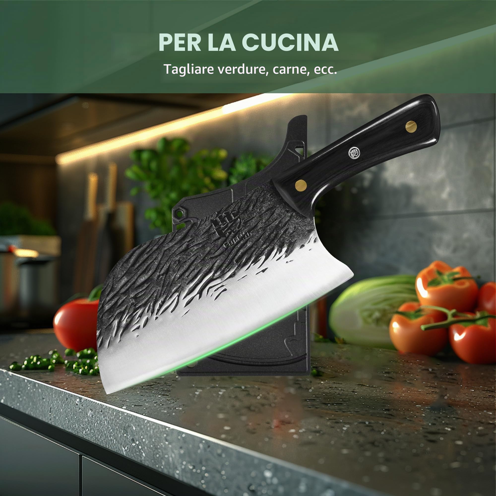 FULLHI Coltello da cuoco manico in legno Tang Butcher Knife con fodero 2pcs, coltello da cucina per esterni, campeggio barbecue (Nero, Coltello da cuoco serbo)