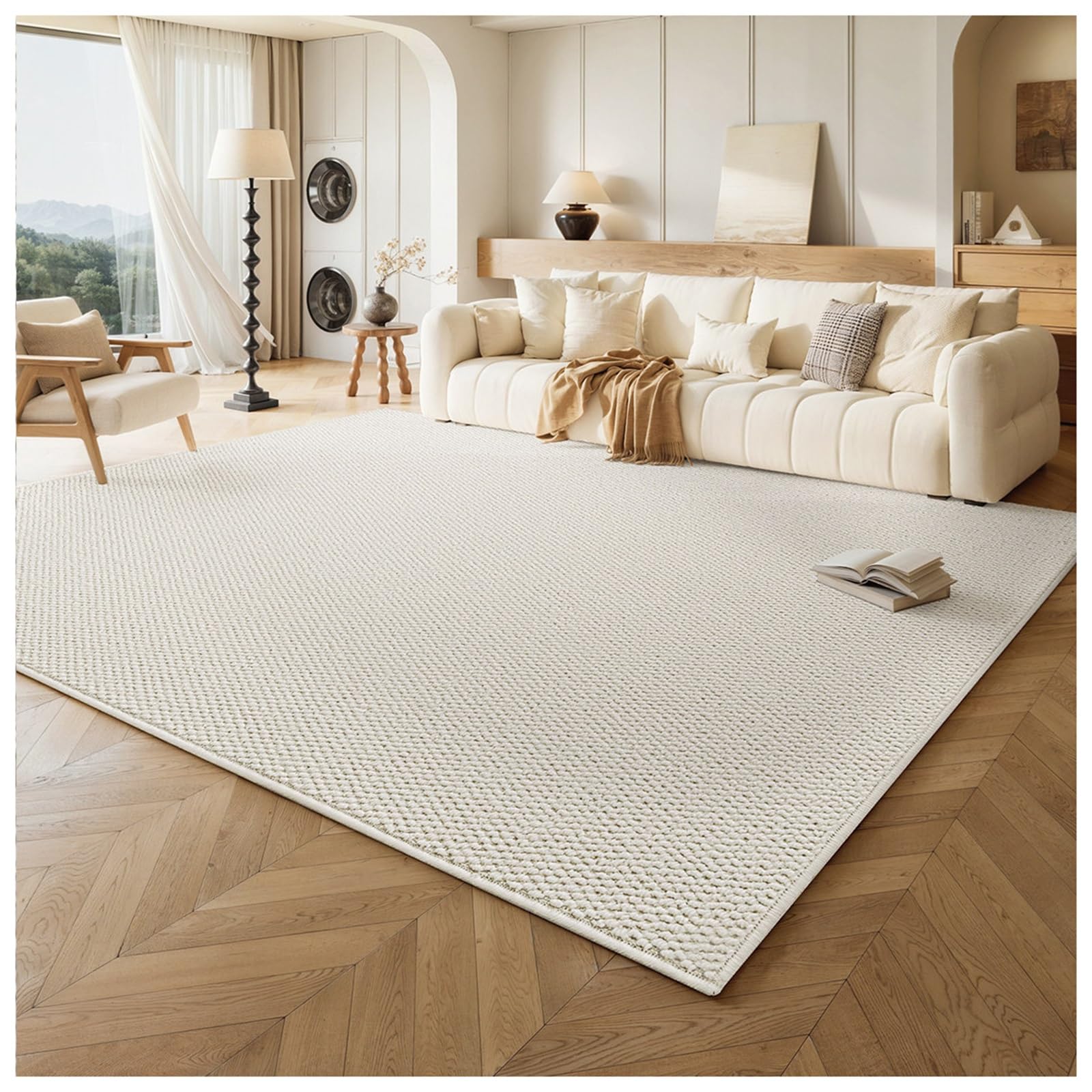 Tapis tissé résistant en sisal de salon couleur crème au design extra plat raffiné