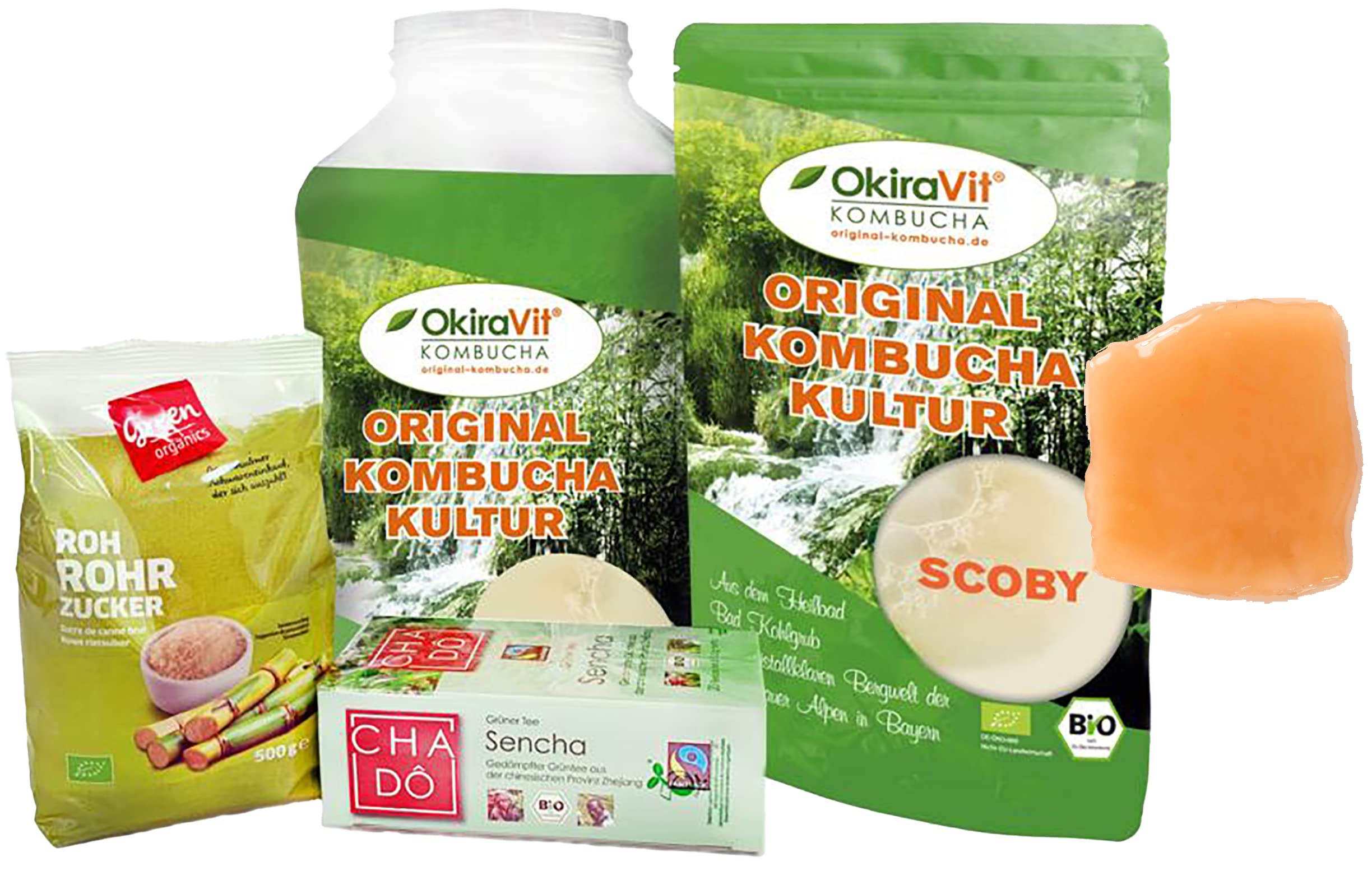 Kombucha-Komplett-Set mit 3 L Gärglas, Bio Kombucha-Teepilz (Schnittstück) in hochvitaler Ansatzflüssigkeit. Premium Qualität. Erfolgsgarantie. Aus dem Heilbad Bad Kohlgrub von OkiraVit®