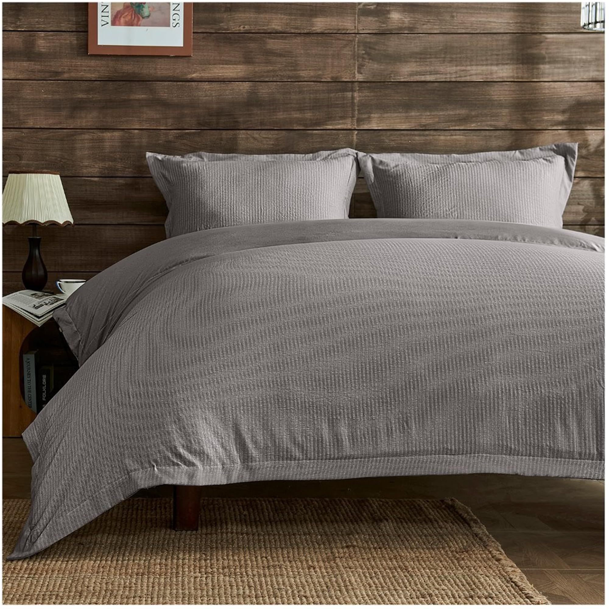 Lions Grey King Size Bedding Set - Seersucker Duvet Cover Set With Matching Pillowcase, Soft 100% Polyester Microfibre Quilt Covers, 3 Piece Bed Sets, Silver, 230X220cm