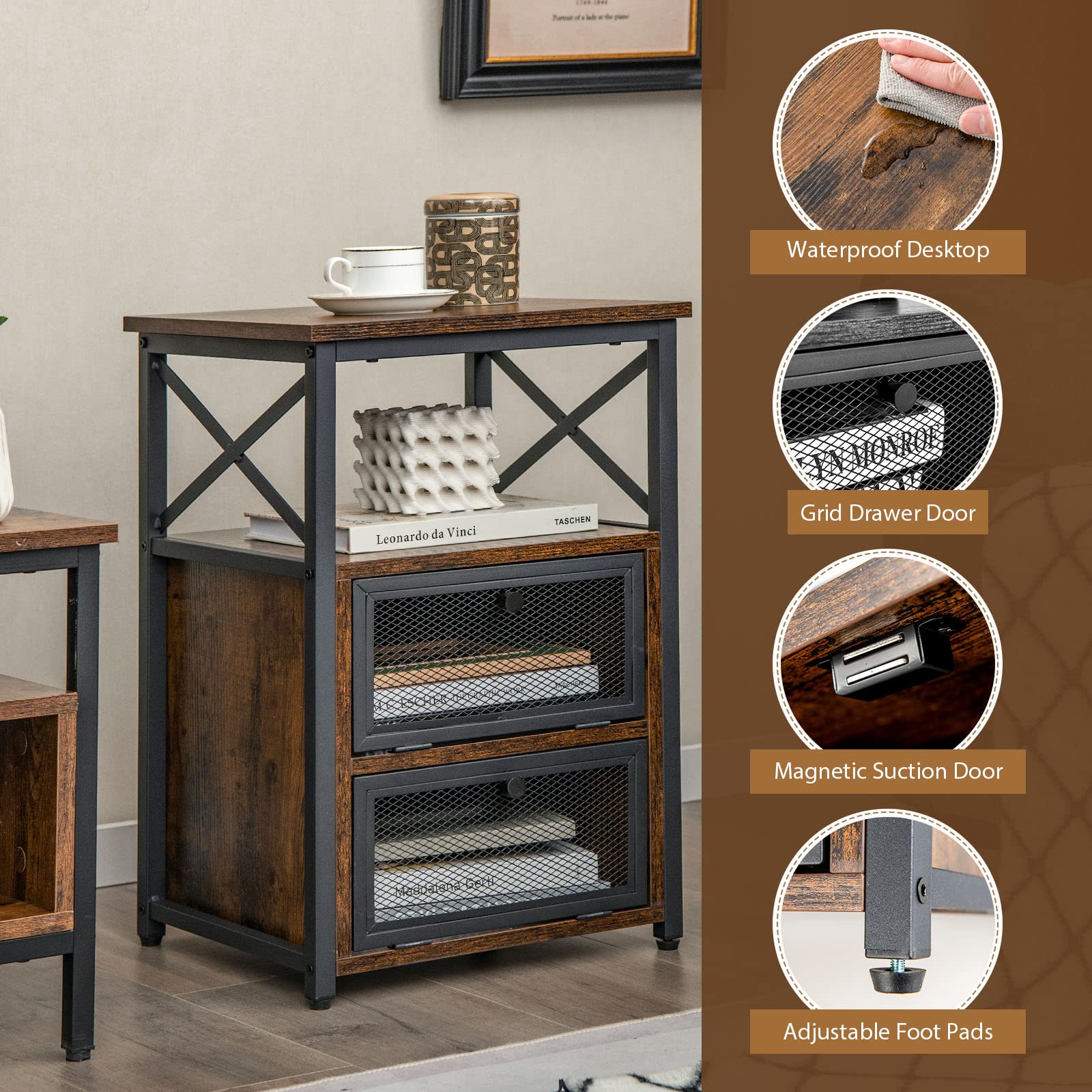 LIFEZEAL Bijzettafel, bankpunt met grote opbergruimte, nachtkastje van hout met ijzeren frame, industriële stijl, voor woonkamer, slaapkamer, badkamer, bruin en zwart