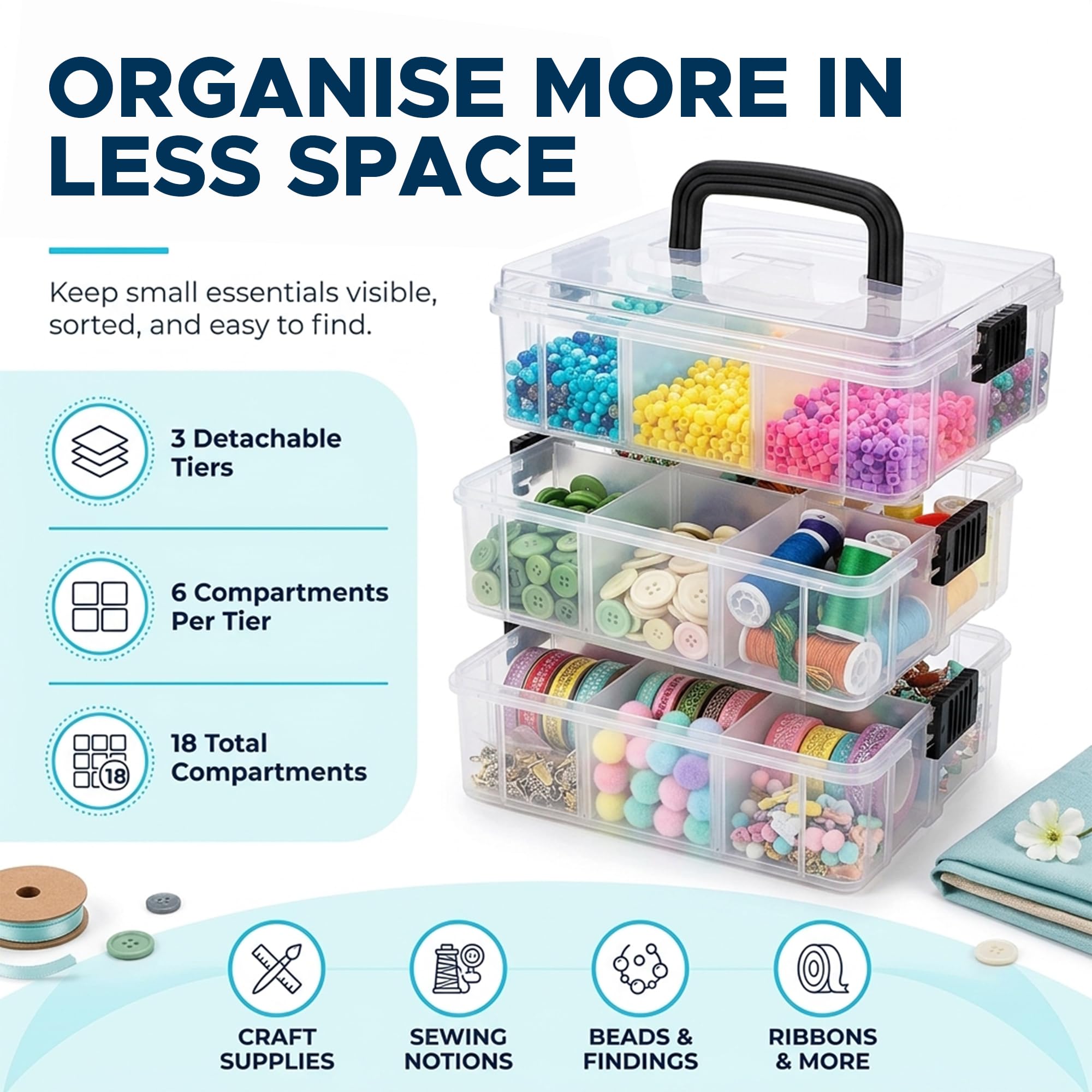 Bins & Things JTJ Sourcing Stapelboxen Aufbewahrungsbox 18 Fächern – Transparent – Bastelzubehör – Sortierbox Perlen – Ordnungsboxen – Boxen Aufbewahrung Küche, Haushalt & Wohnen
