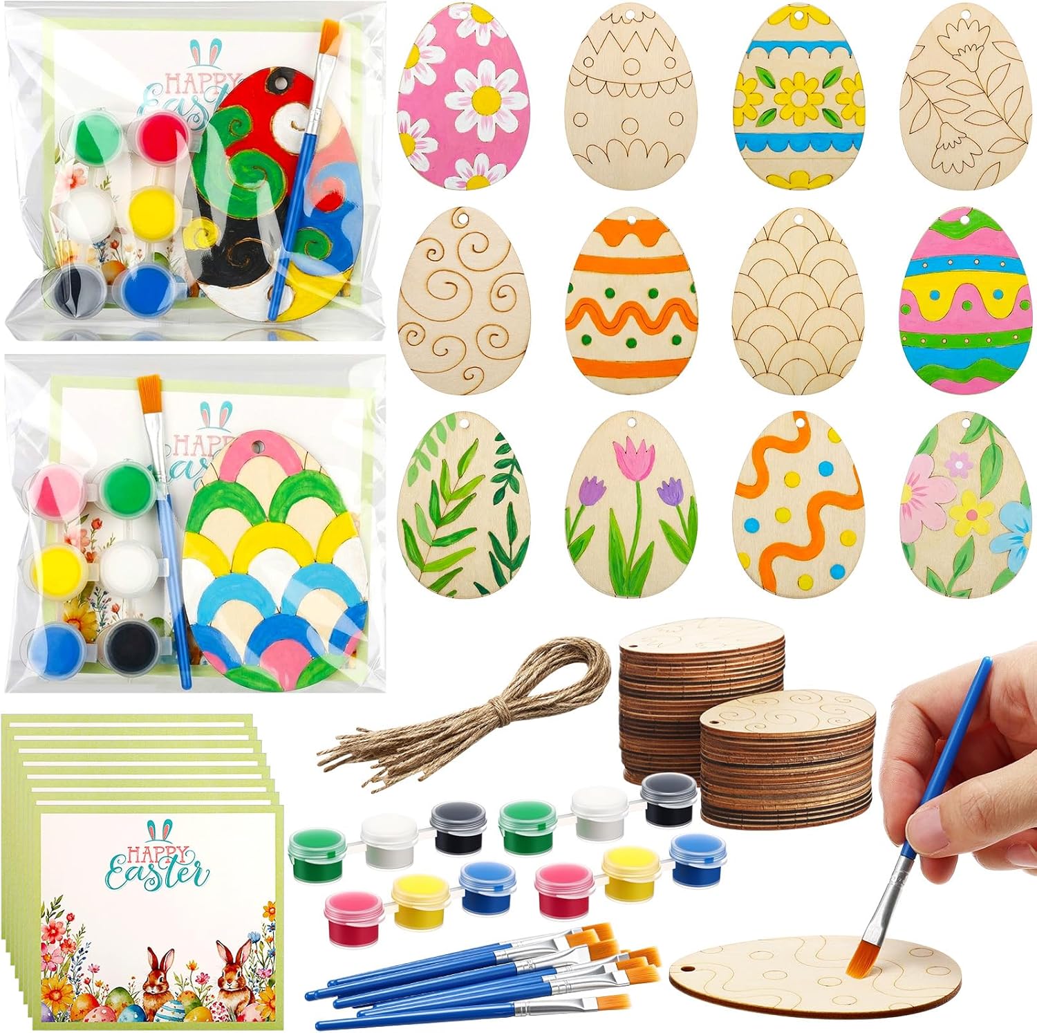 BreezeHug 48 Set Wooden Easter Ornaments to Paint Pre Drawn Wooden Eggs Painting Crafts Hanging Decor DIY Egg Cutouts Ornaments Set Acrylic Paint Gift Bag Greeting Card for Easter Party Supplies