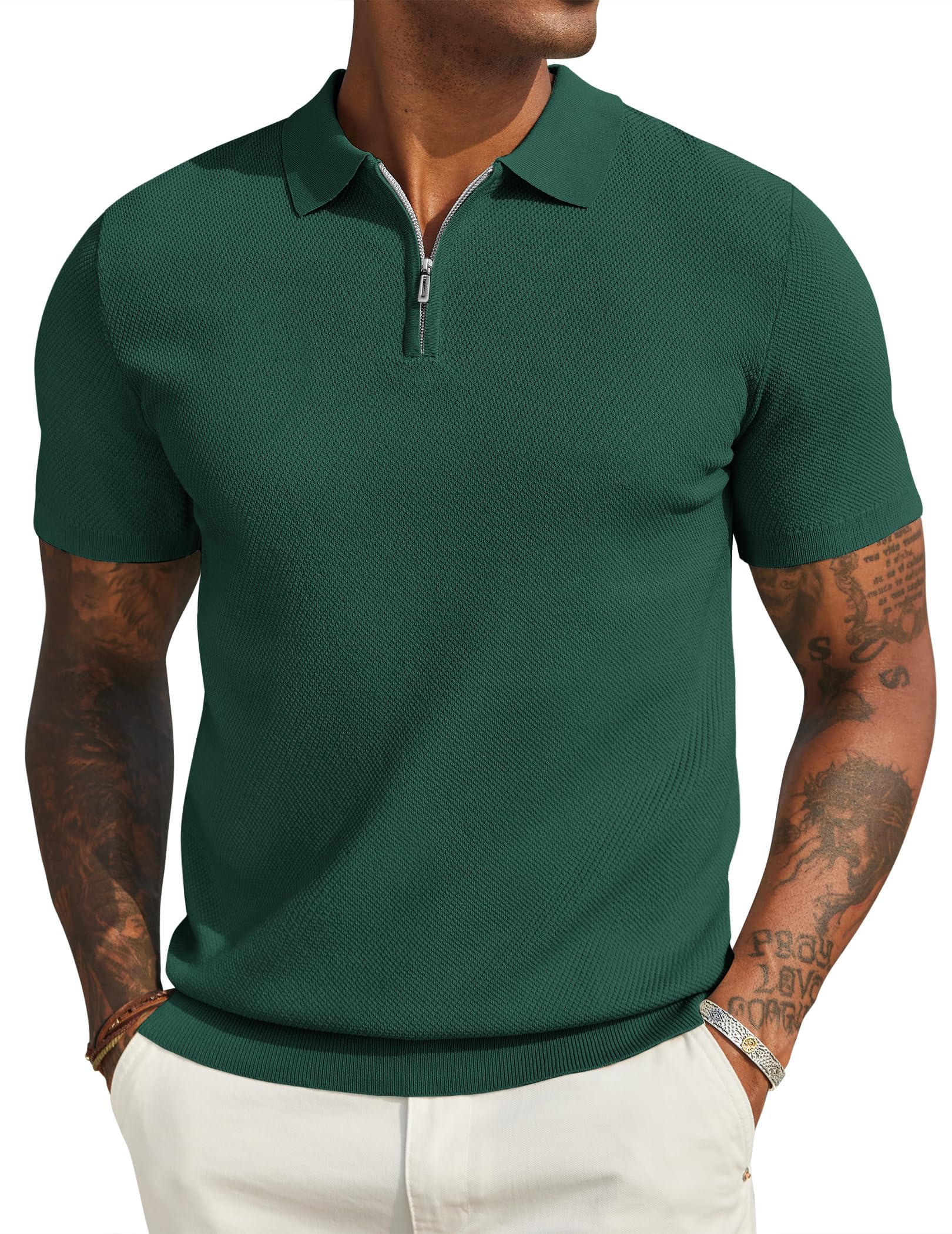 COOFANDY Herren Poloshirt Kurzarm Sommer Strick Polo T-Shirts mit Reißverschluss Männer Polohemd Golf Shirt Grün 3XL