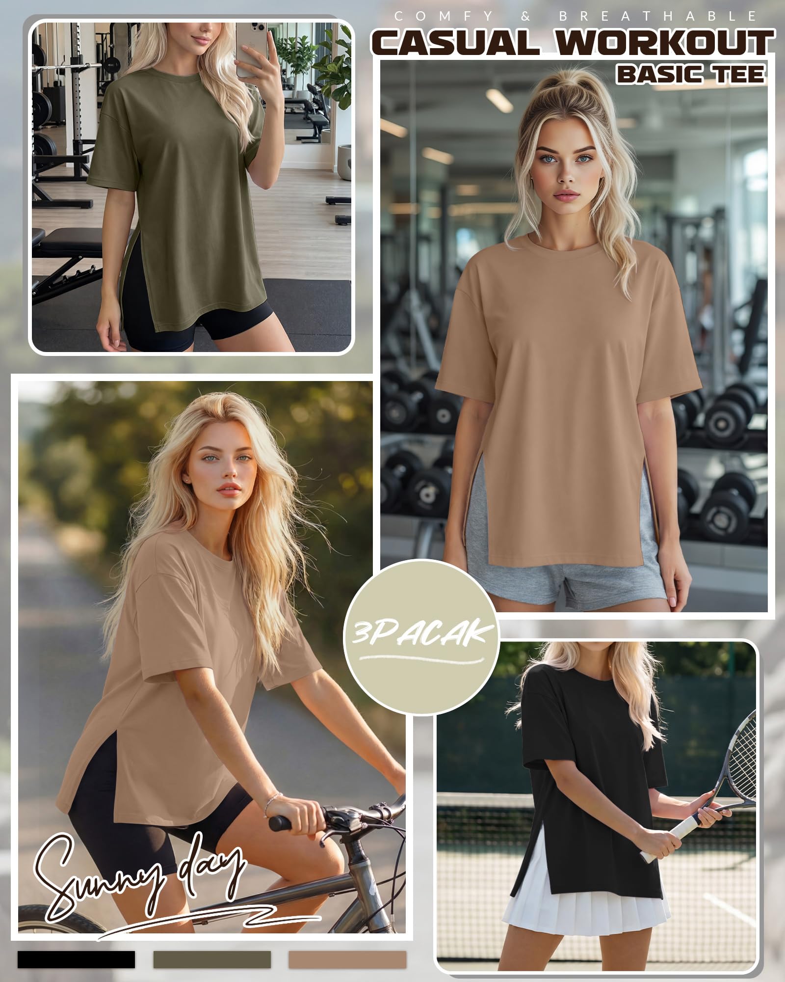 Geyoga Paquete de 3 Camisetas Deportivas extragrandes para Mujer de Manga Corta con Aberturas Laterales Cuello Redondo y Corte Holgado