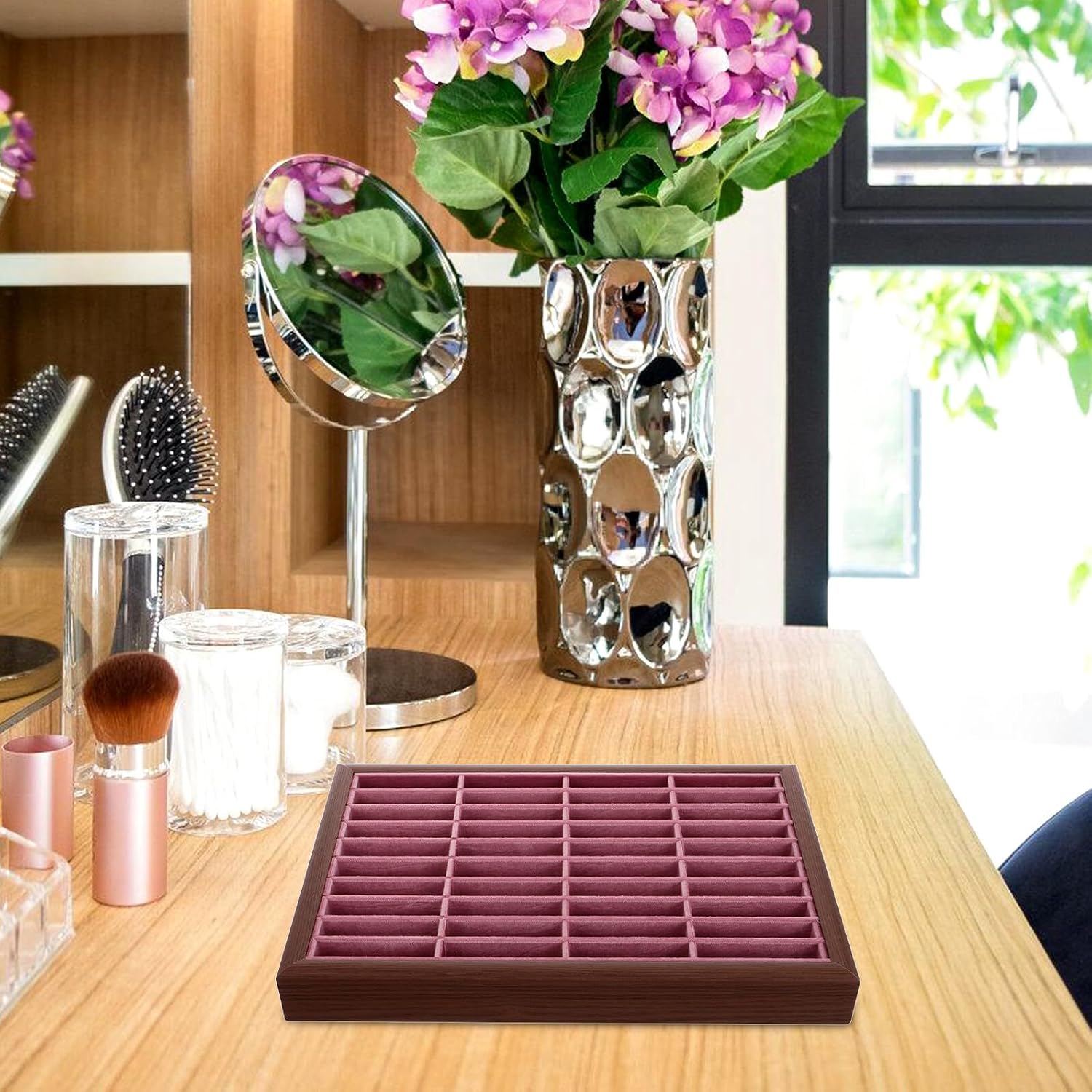 Wood Bracelet and Bangle Display Tray 40-slot Walnut Wood Jewelry Organizer for Home and Store Use, Stackable Bracelet Storage Case with Pink Base for Jewelry Display
