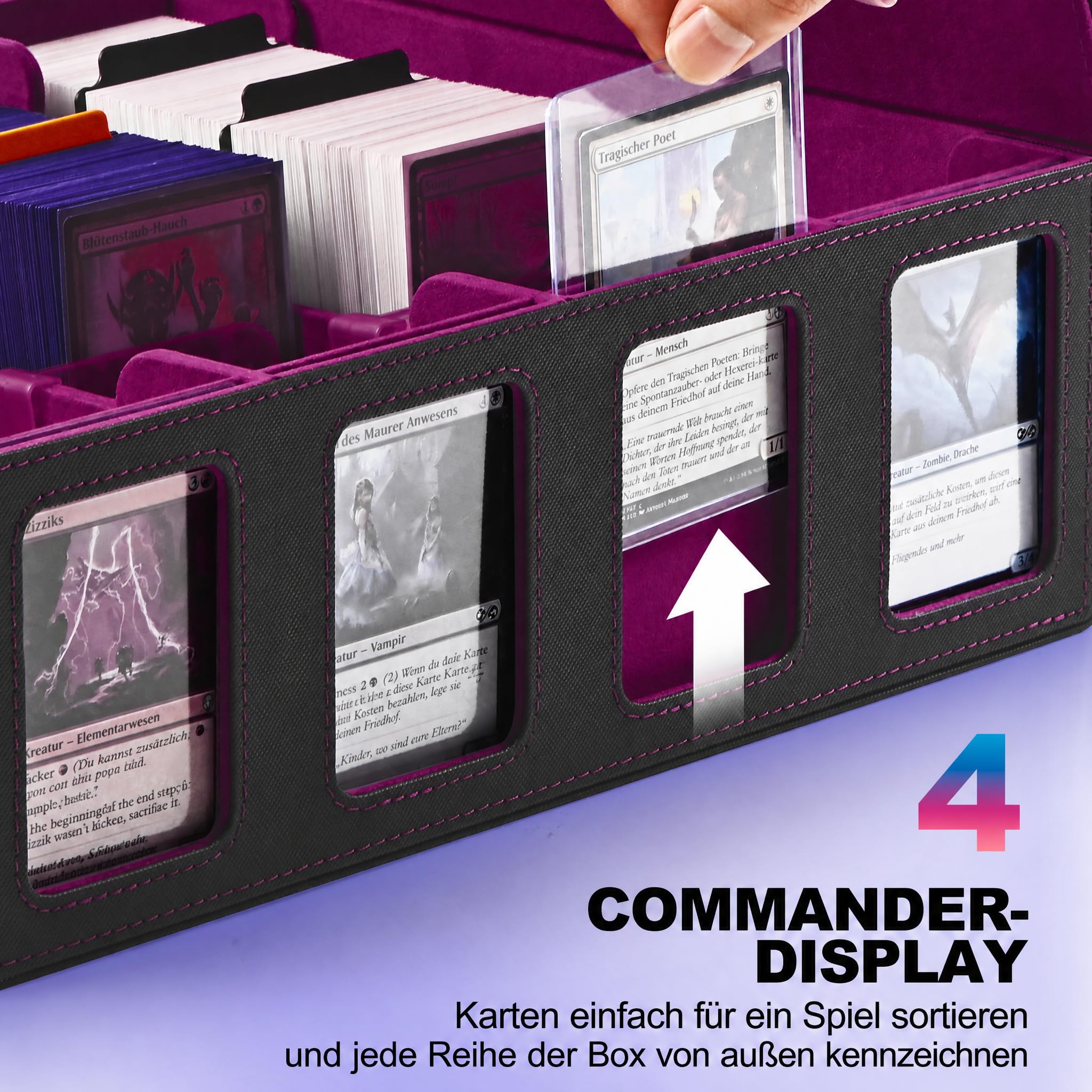 UAONO Trading Card Storage Box für Commander Display, 2400+ MTG Deck Box mit 4 Top Loaders, TCG Card Case passend für Magic PTCG Sports Cards（Schwarz&Lila）