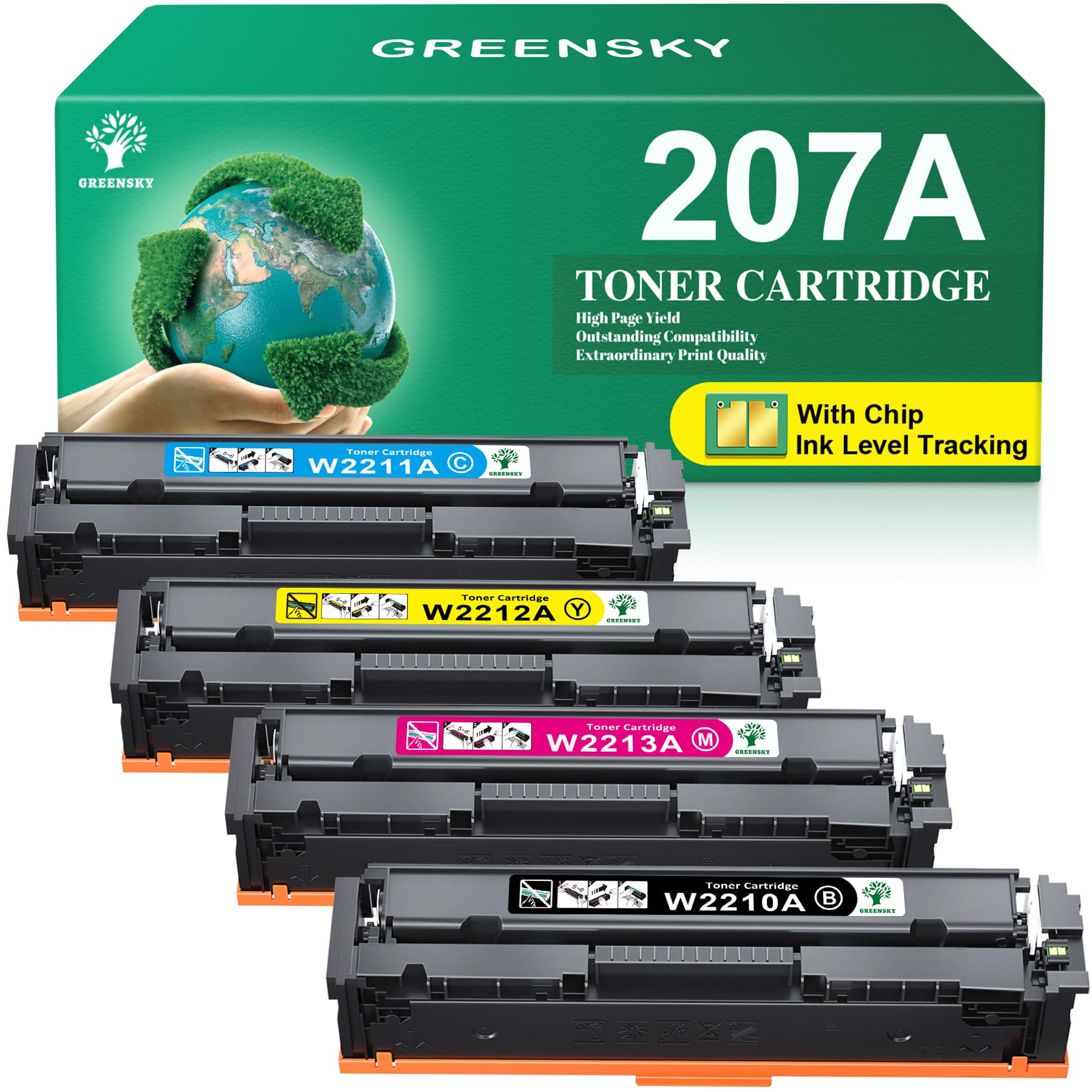 GREENSKY 207A con Chip Compatibile per HP 207A 207X Toner per HP Color Laserjet Pro MFP M283fdw M283fdn M255dw M255nw M283cdw M282nw W2210A W2211A W2212A W2213A (Nero Ciano Giallo Magenta, 4-Pack)