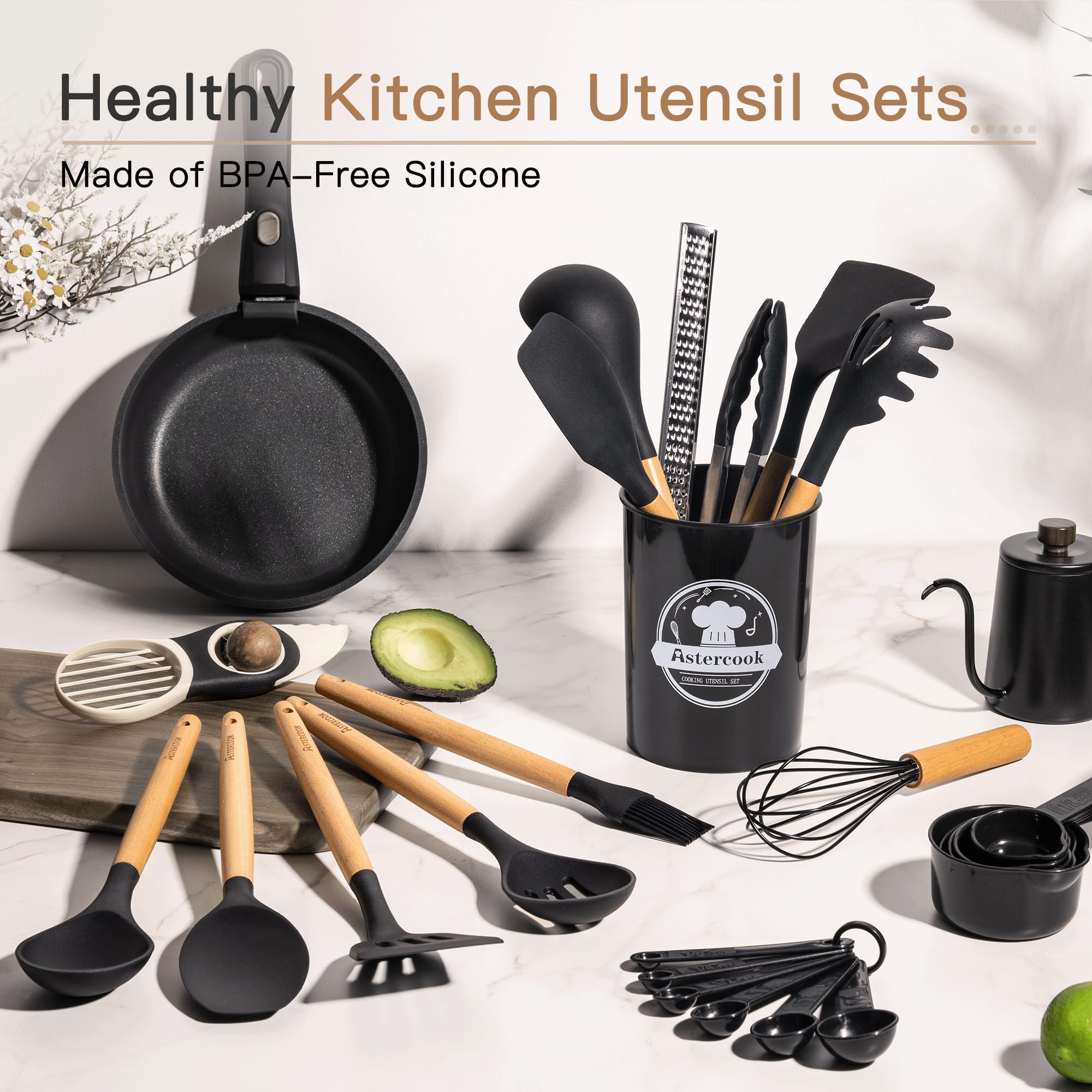 Astercook Kitchen Utensils Set, 39 PCS Silicone Cooking Utensils Set with Wooden Handle, 446°F Heat Resistant Food Grade Utensil Sets, BPA Free Kitchen Gadgets Tools Set for Nonstick Cookware (Black)