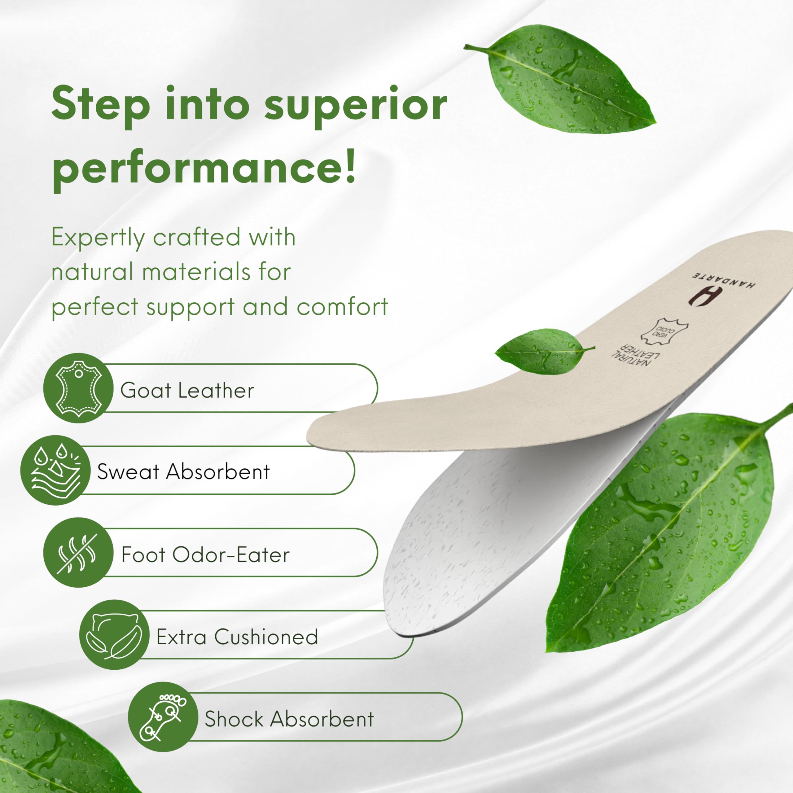 HANDARTE Genuine Leather Insoles - Orthopedic Vegetable Tanned - Odor Eater Natural Padded with Latex Foam - Magic Absorbent and Thin