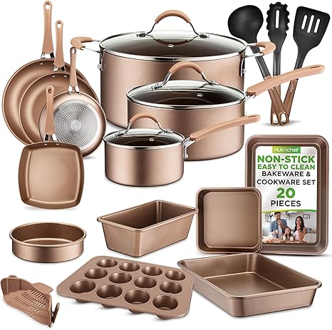 NutriChef 20-Piece Pots and Pans Set Non Stick – Induction Cookware Set, PFAS-Free Nonstick Cookware for All Cooktops, Includes Bakeware & Kitchen Utensils