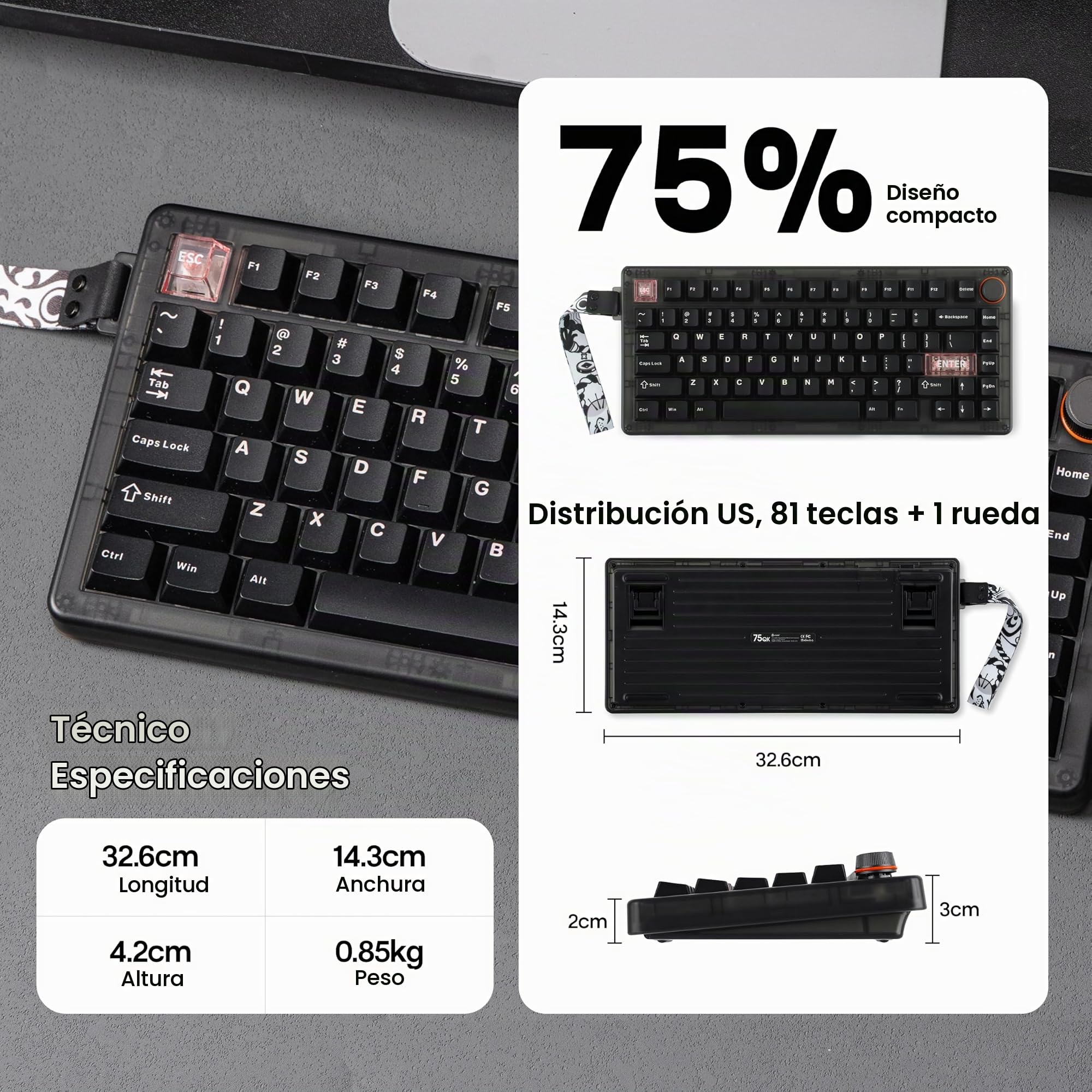 MechLands CIDOO QK75 VIA Teclado programable 75% compacto, USB-C/BT5.0/2.4Ghz inalámbrico, teclado mecánico personalizado intercambiable en caliente con junta montada, placa de PC, batería de 4000 mAh